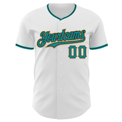 Custom White Teal Black-Old Gold Authentic Baseball Jersey