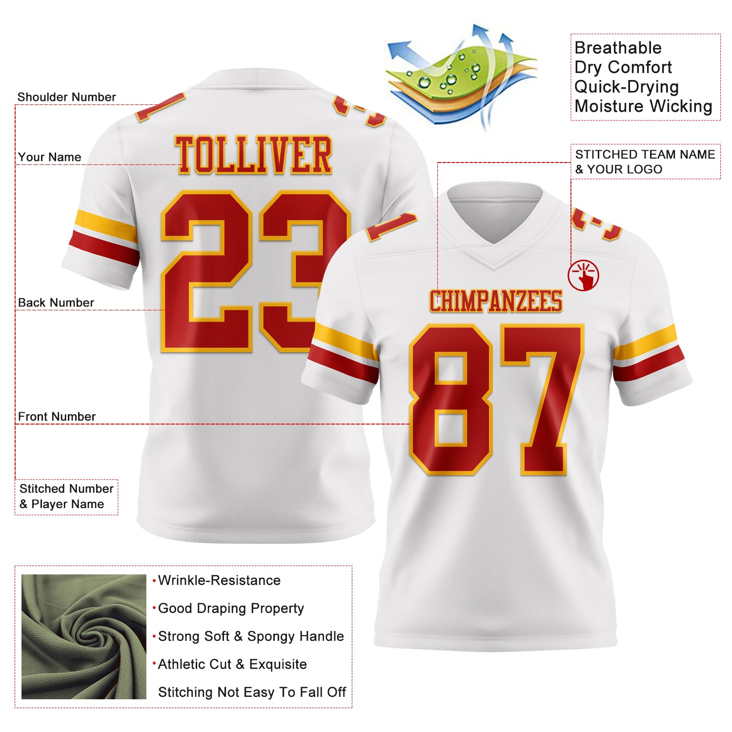 Custom White Red-Gold Authentic Football Jersey