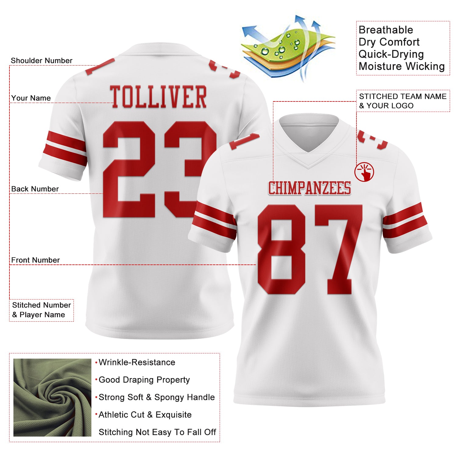 Custom White Red Authentic Football Jersey