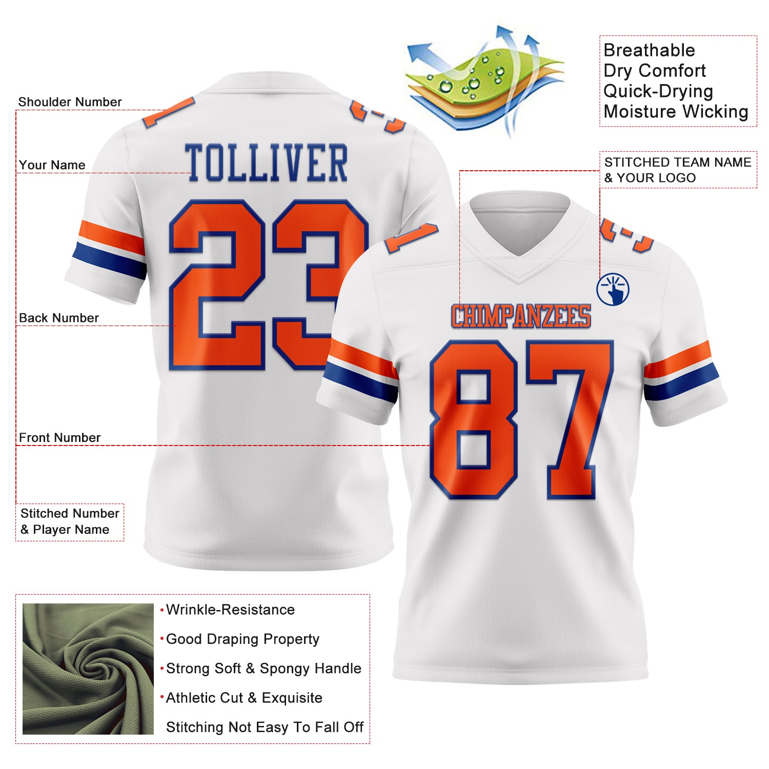 Custom White Orange-Royal Authentic Football Jersey
