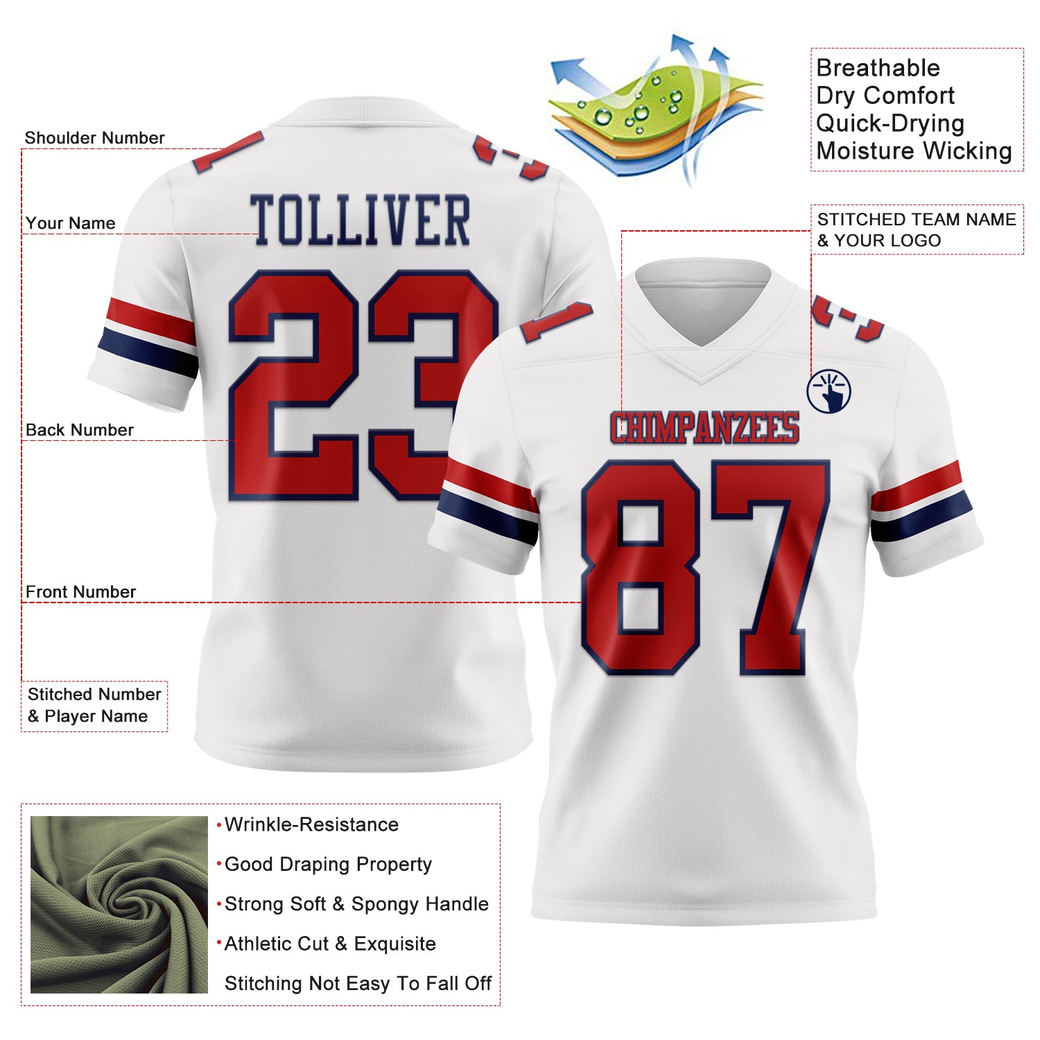 Custom White Red-Navy Authentic Football Jersey