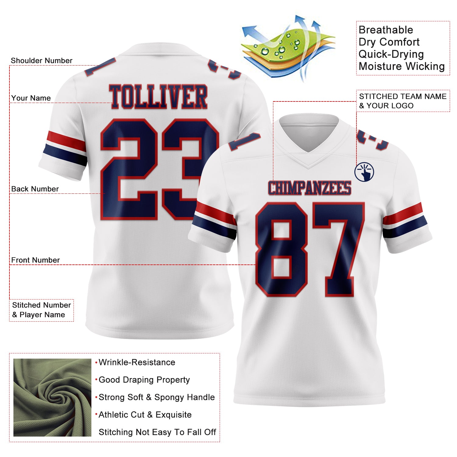 Custom White Navy-Red Authentic Football Jersey