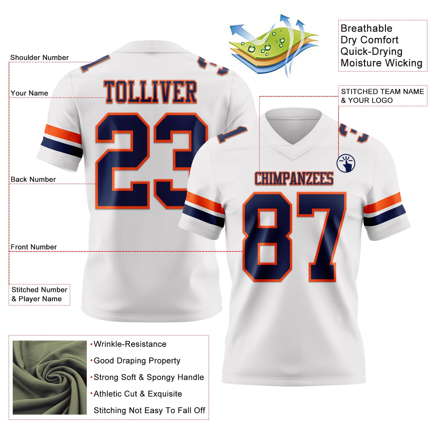 Custom White Navy-Orange Authentic Football Jersey