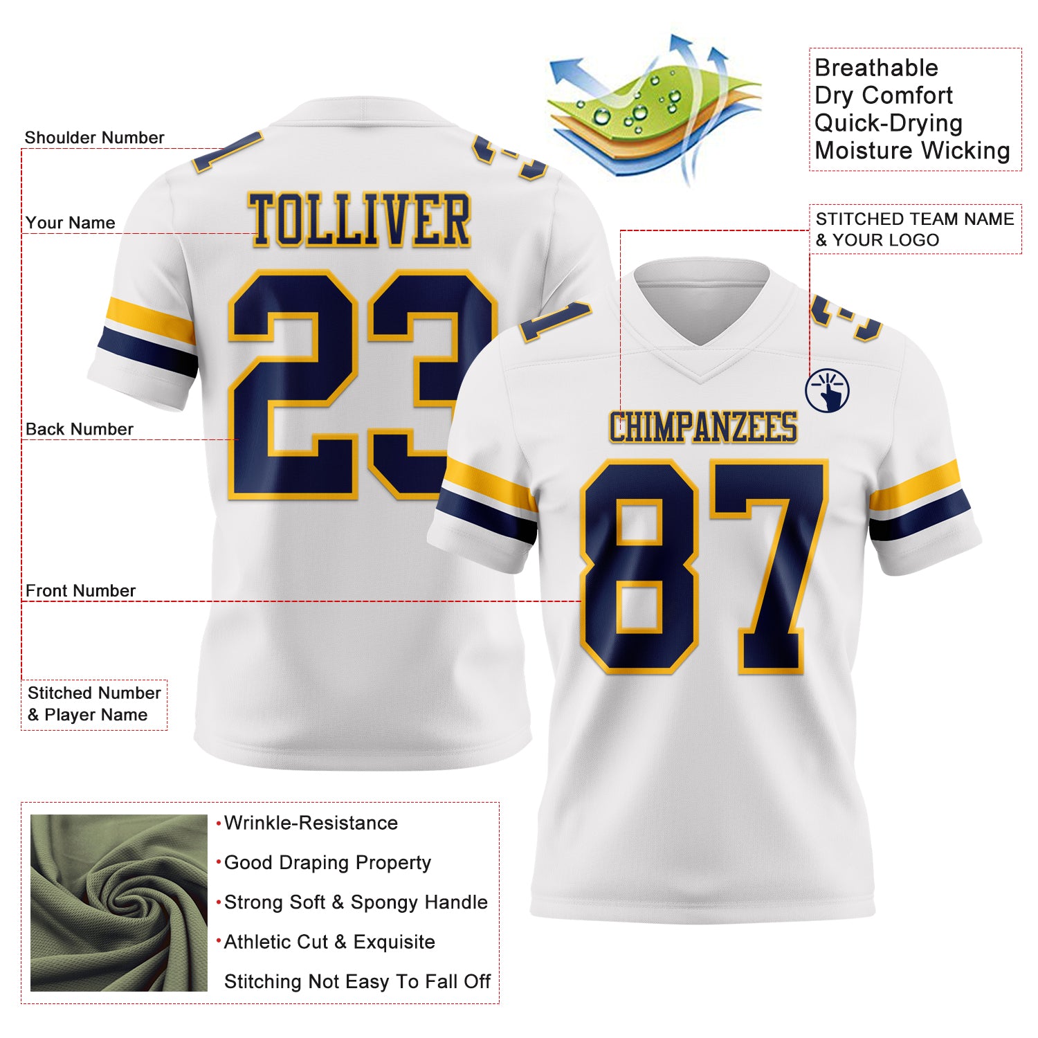 Custom White Navy-Gold Authentic Football Jersey
