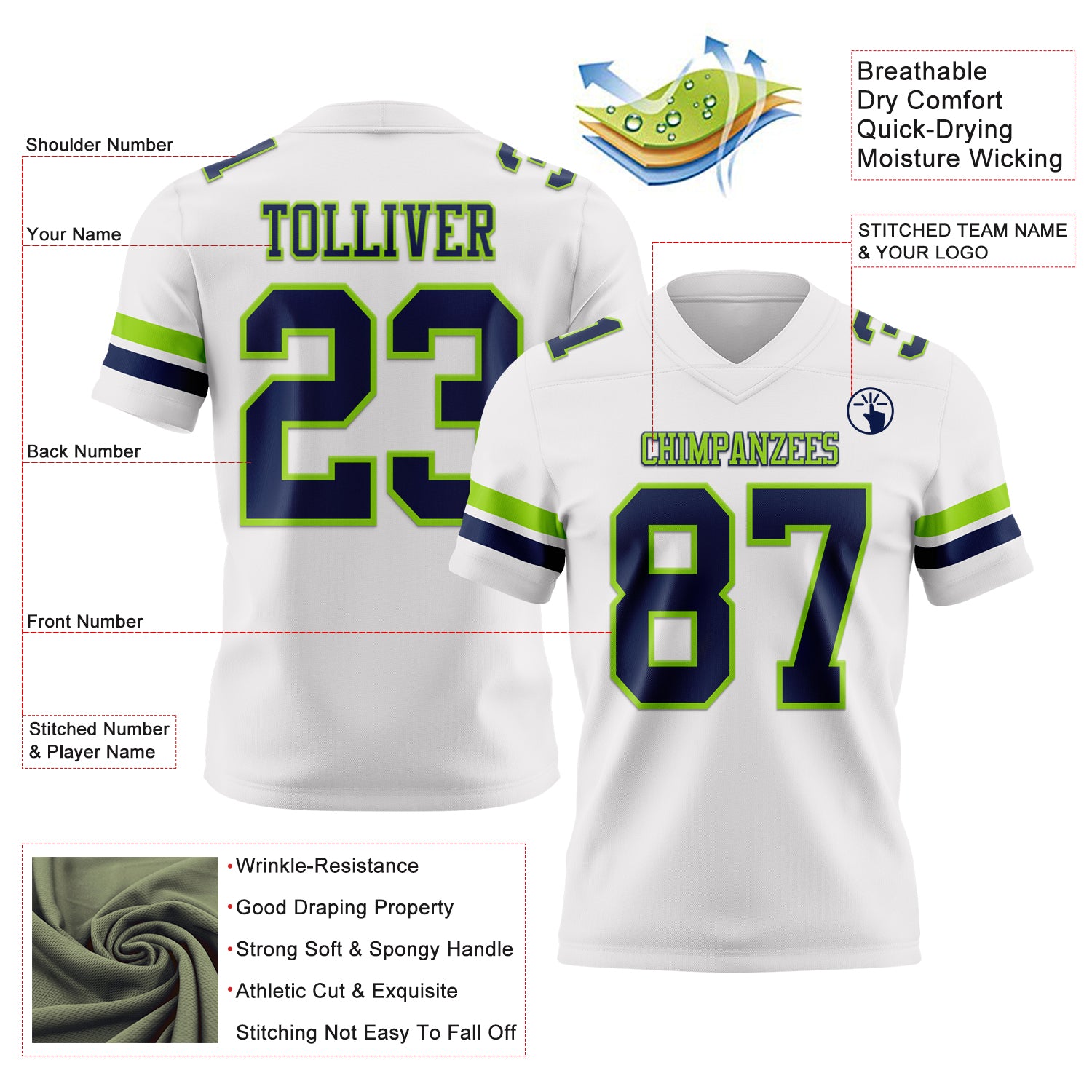 Custom White Navy-Neon Green Authentic Football Jersey