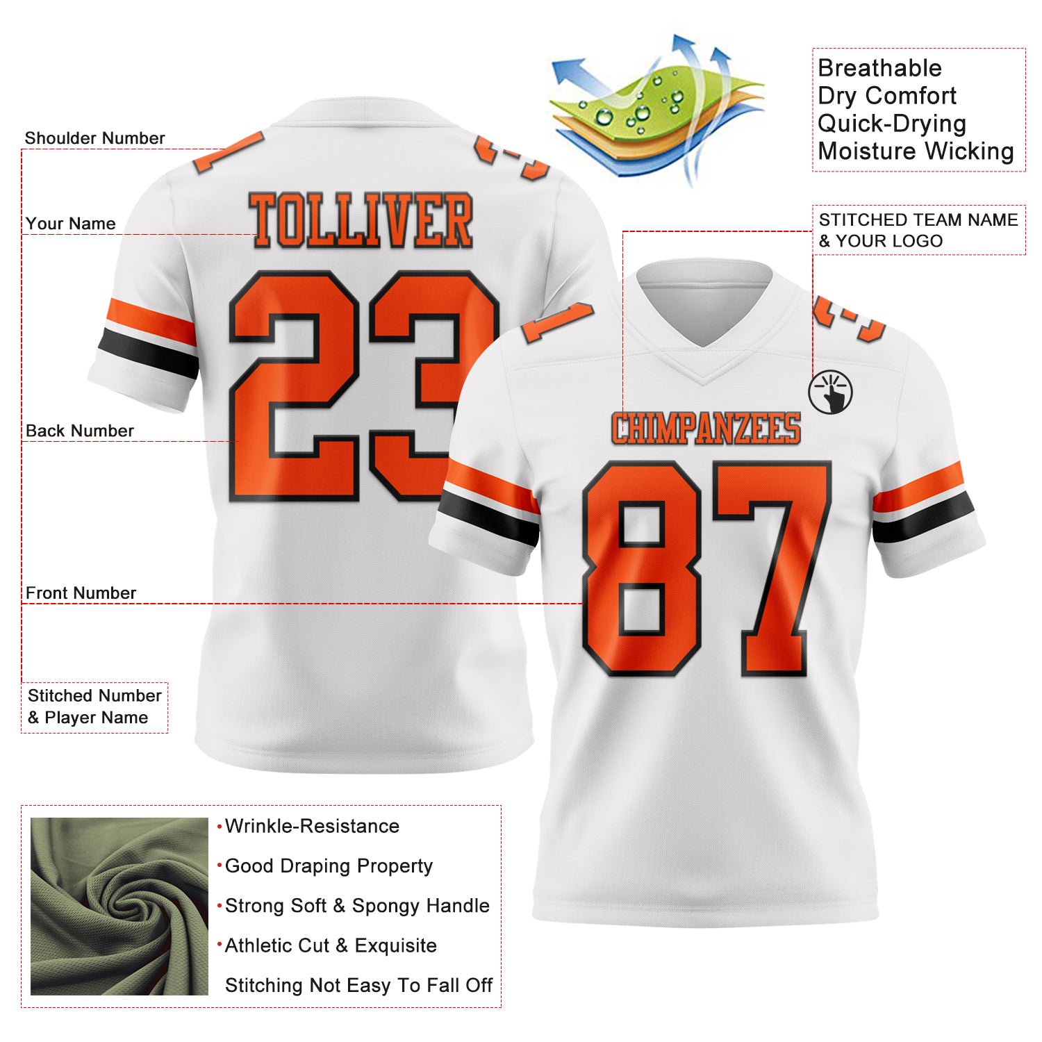 Custom White Orange-Black Authentic Football Jersey