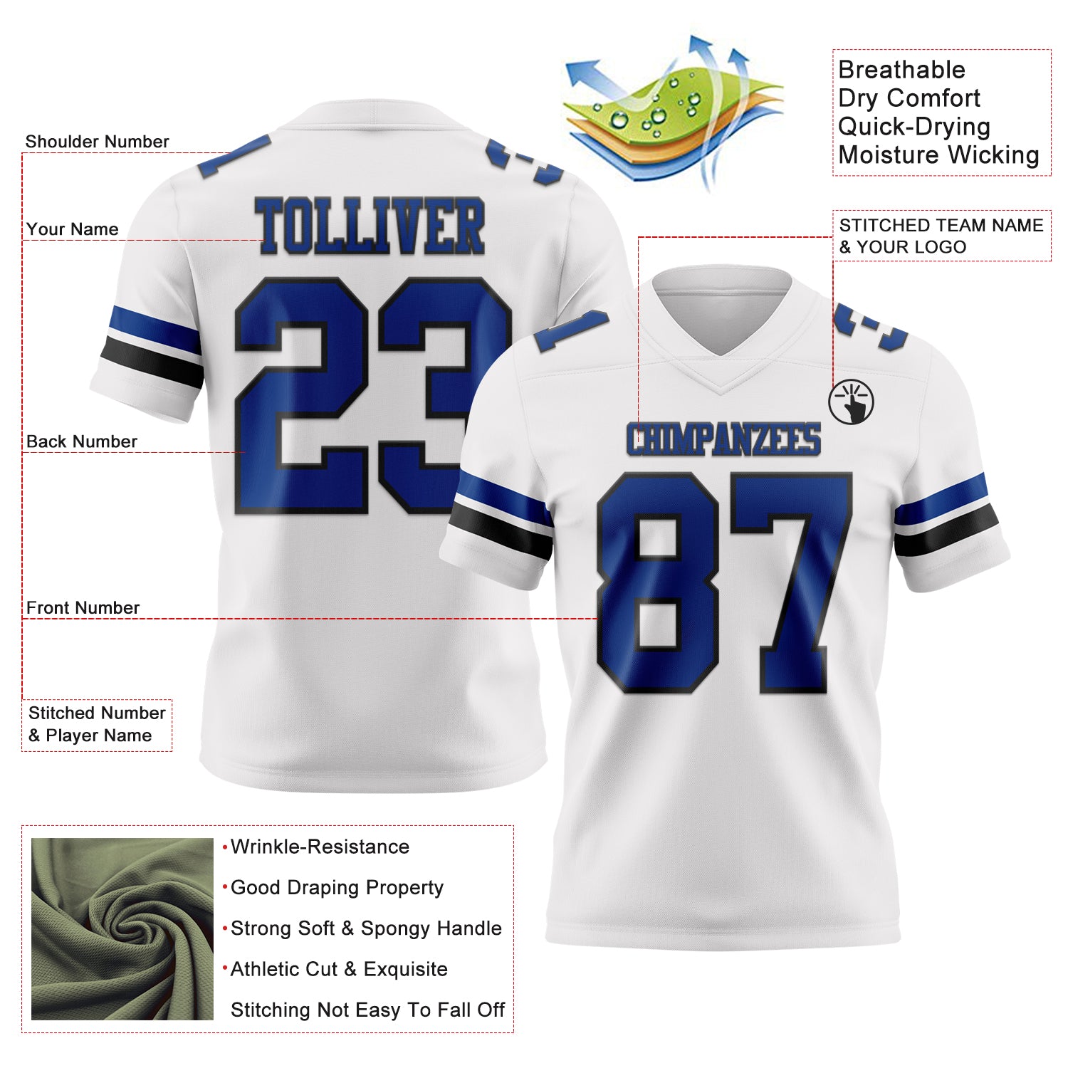 Custom White Royal-Black Authentic Football Jersey