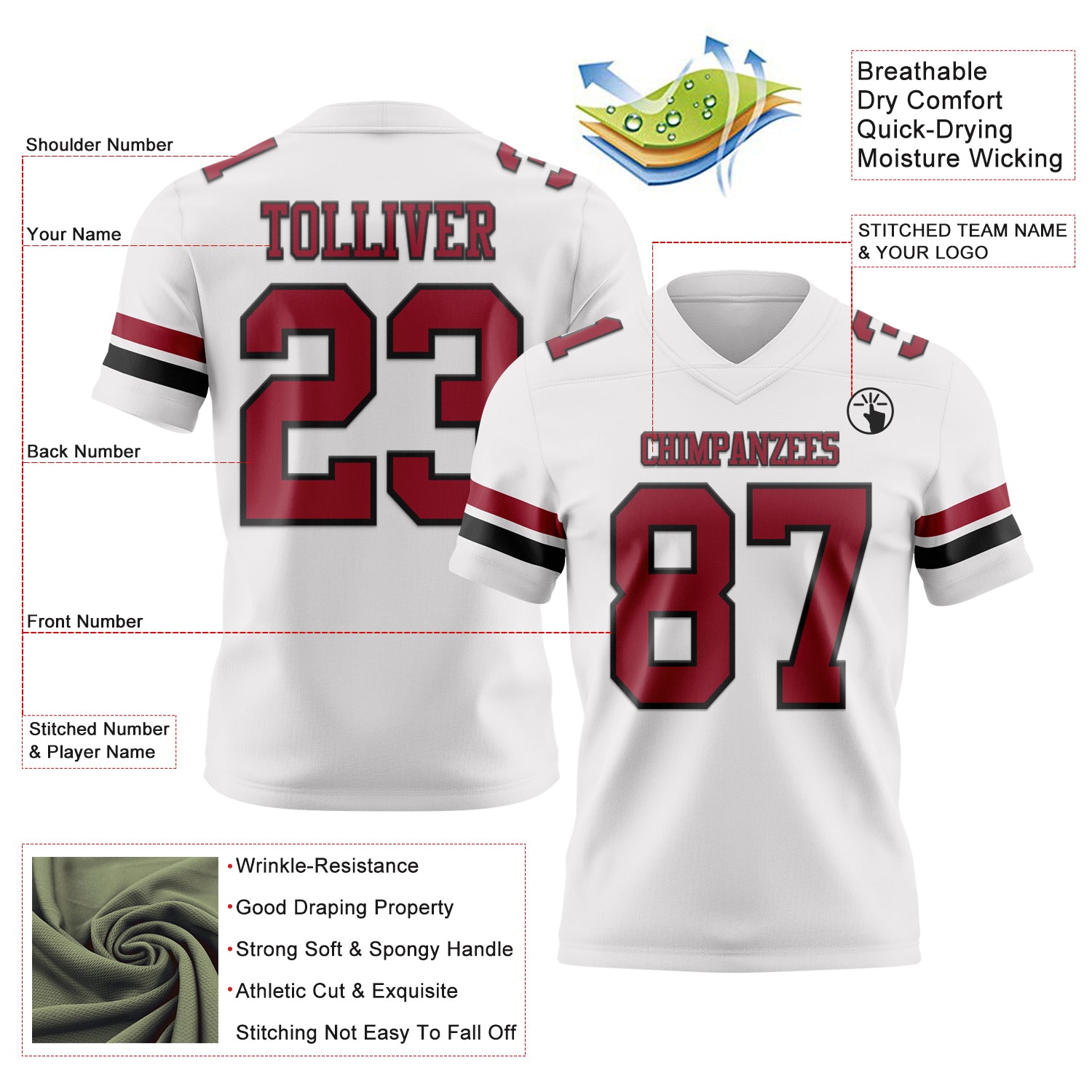 Custom White Cardinal-Black Authentic Football Jersey