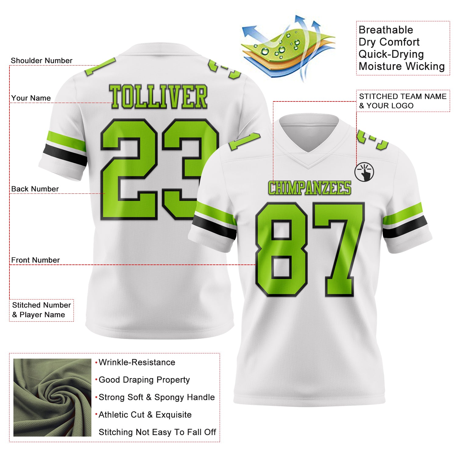 Custom White Neon Green-Black Authentic Football Jersey
