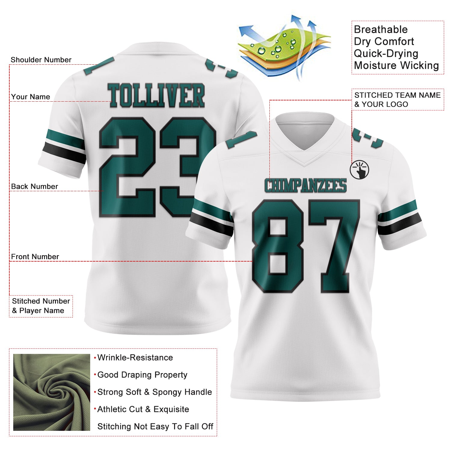 Custom White Midnight Green-Black Authentic Football Jersey