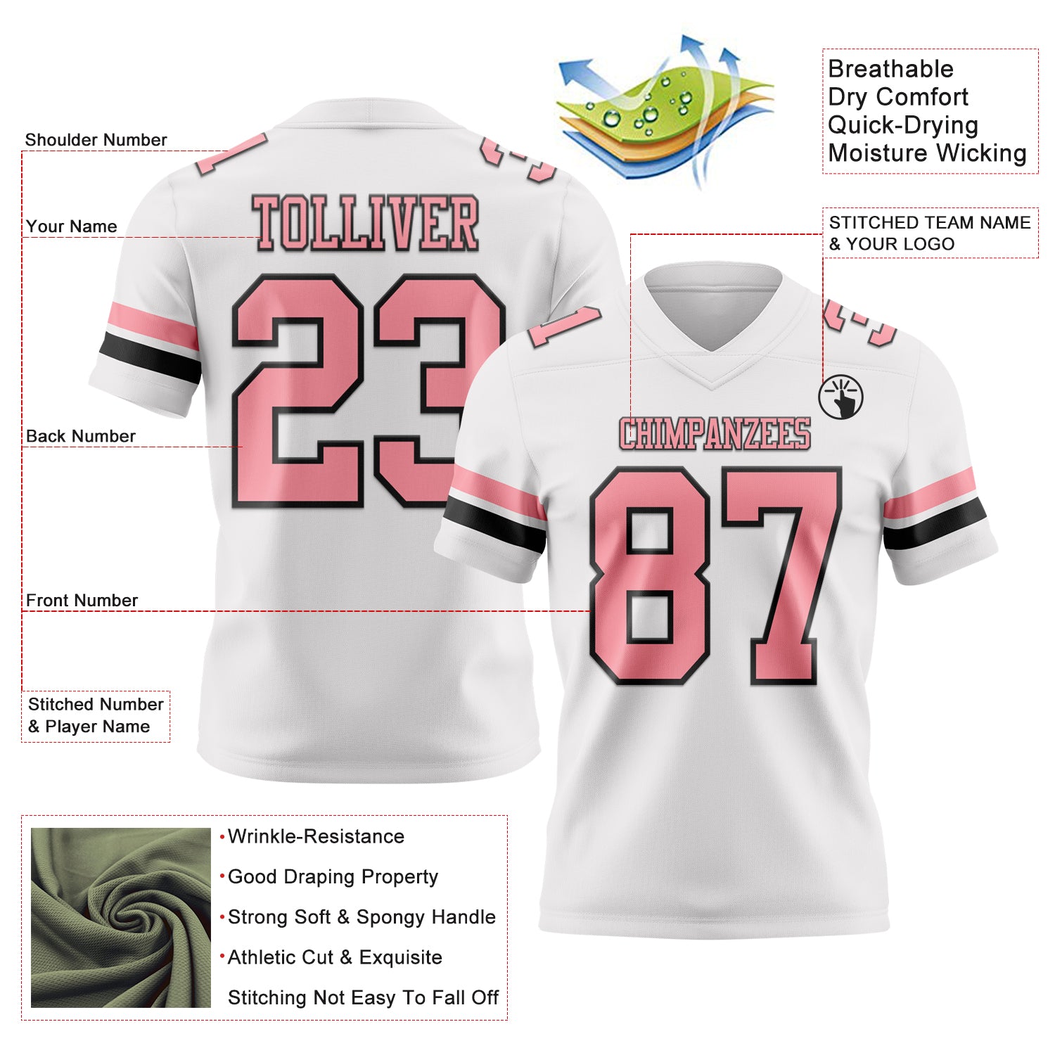 Custom White Medium Pink-Black Authentic Football Jersey