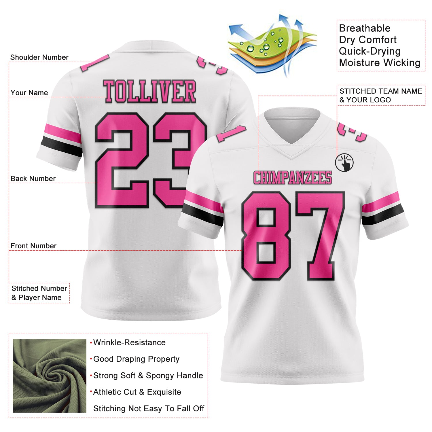 Custom White Pink-Black Authentic Football Jersey