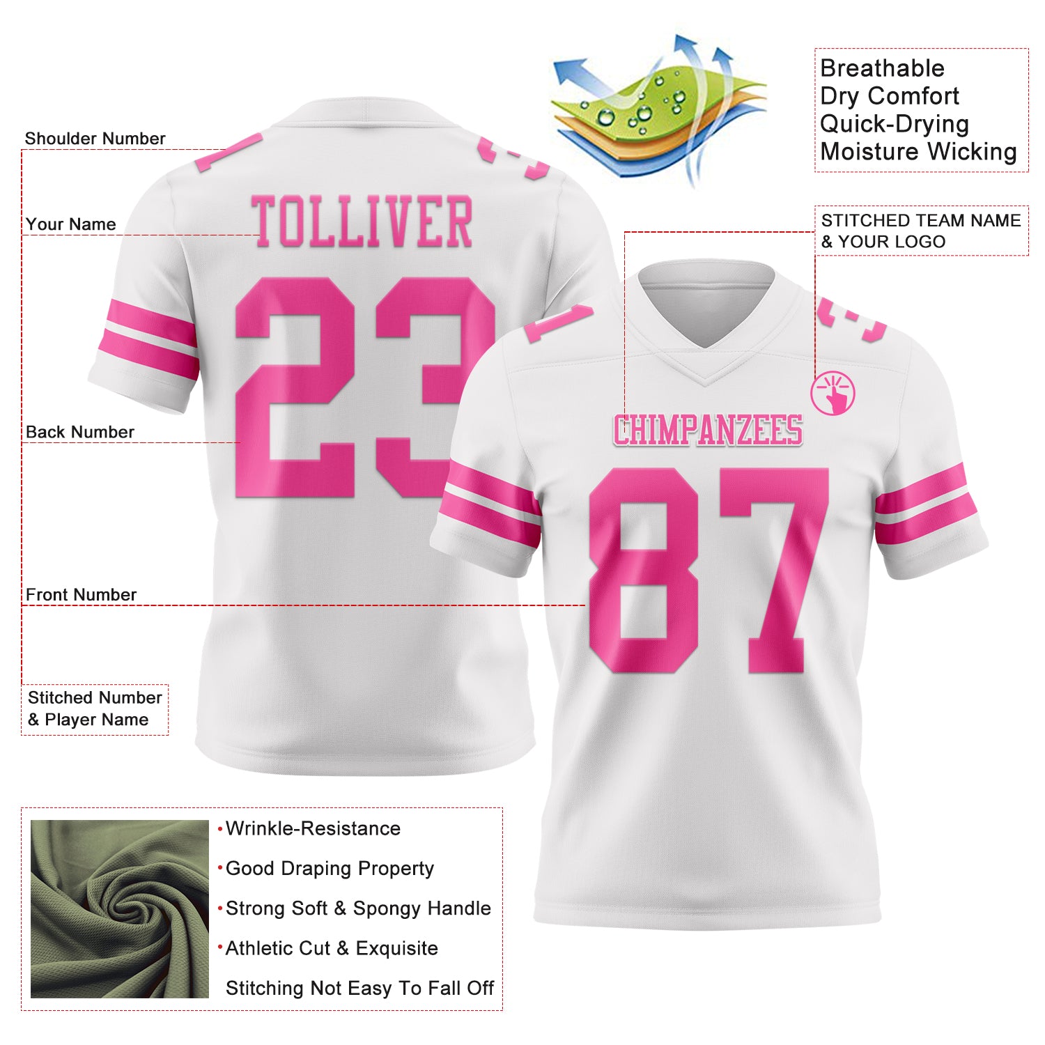 Custom White Pink Authentic Football Jersey
