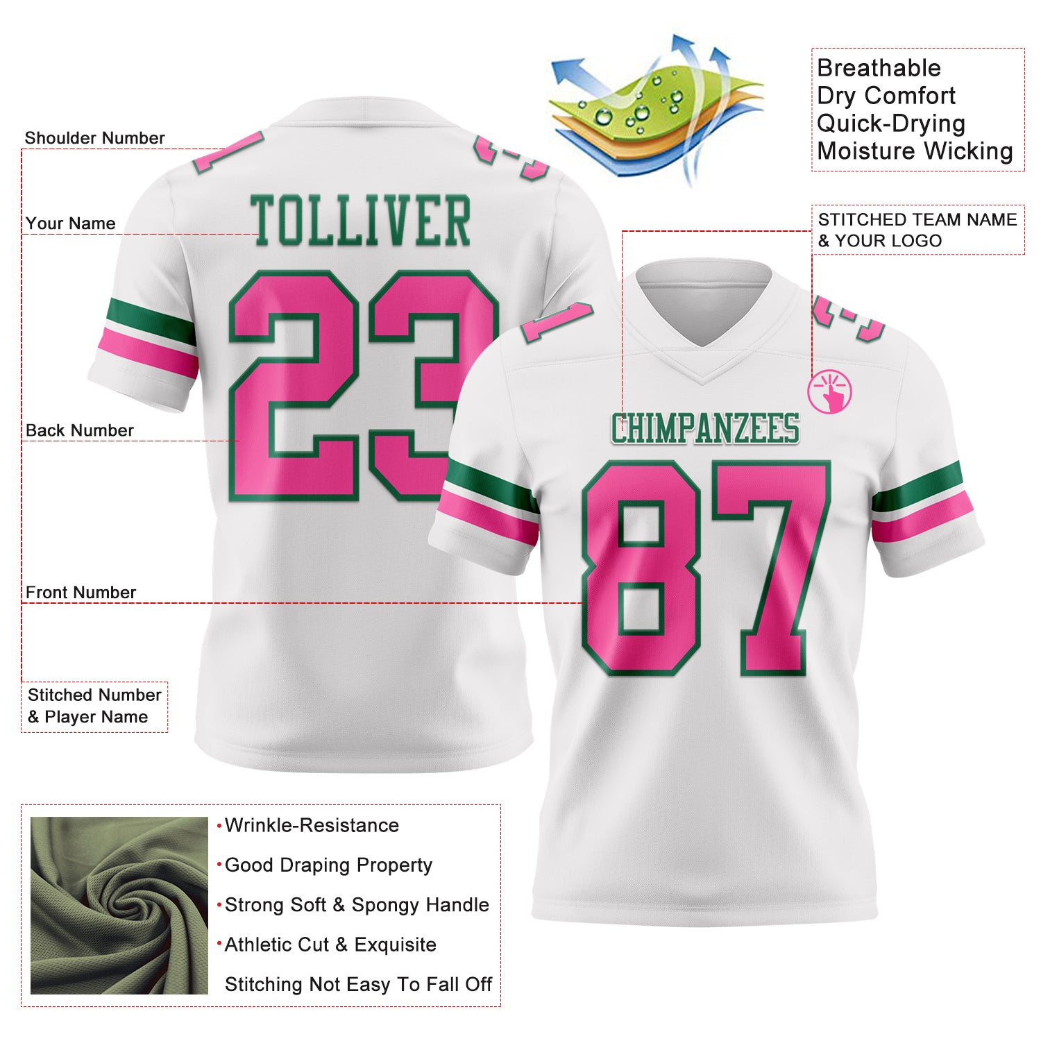 Custom White Pink-Kelly Green Authentic Football Jersey