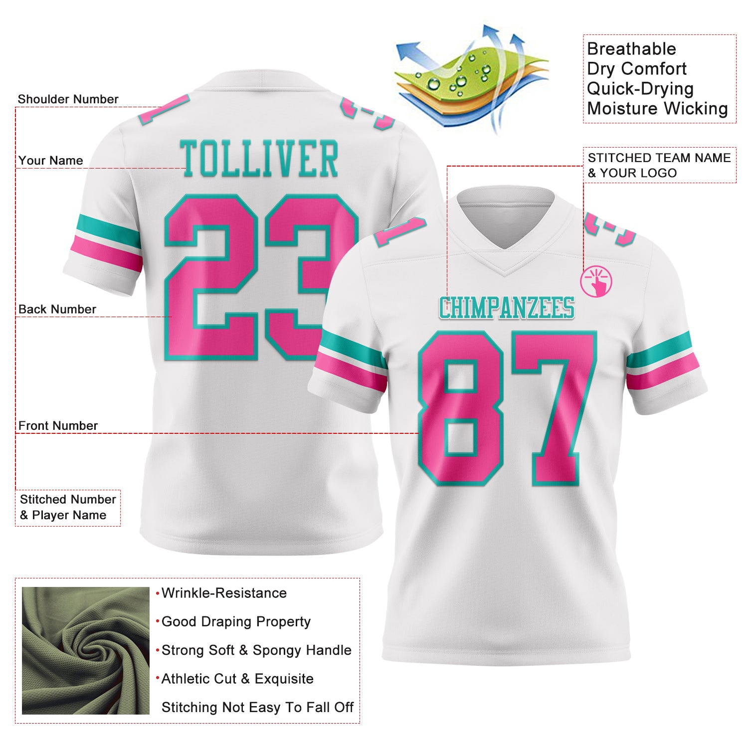Custom White Pink-Aqua Authentic Football Jersey