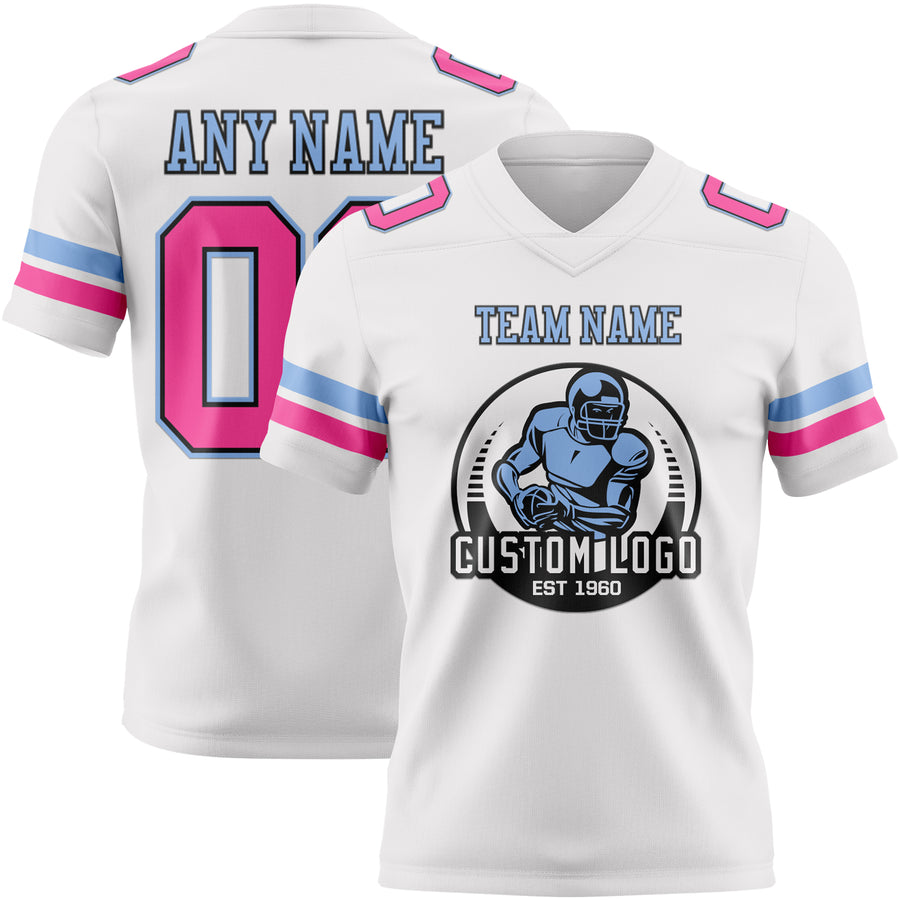 Custom White Pink Black-Light Blue Authentic Football Jersey