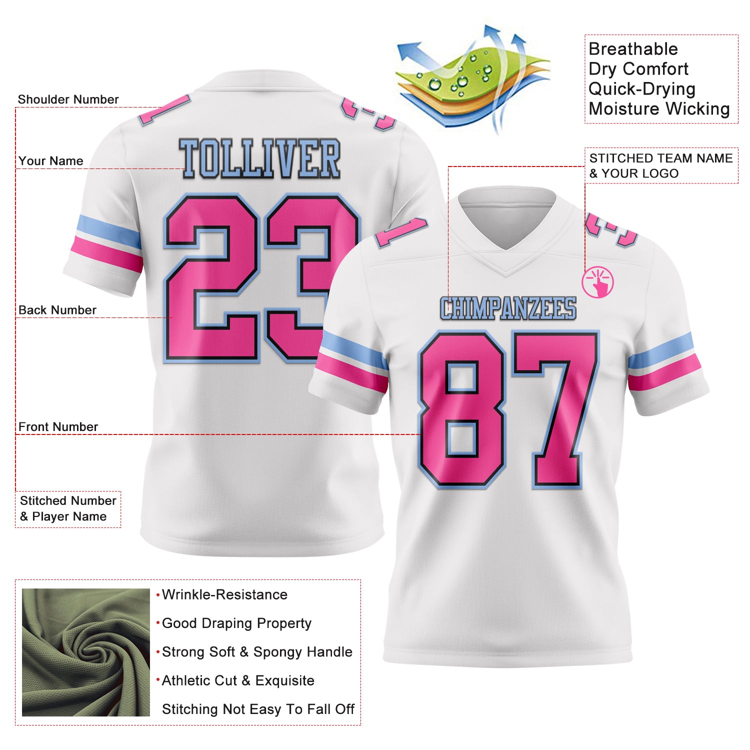Custom White Pink Black-Light Blue Authentic Football Jersey