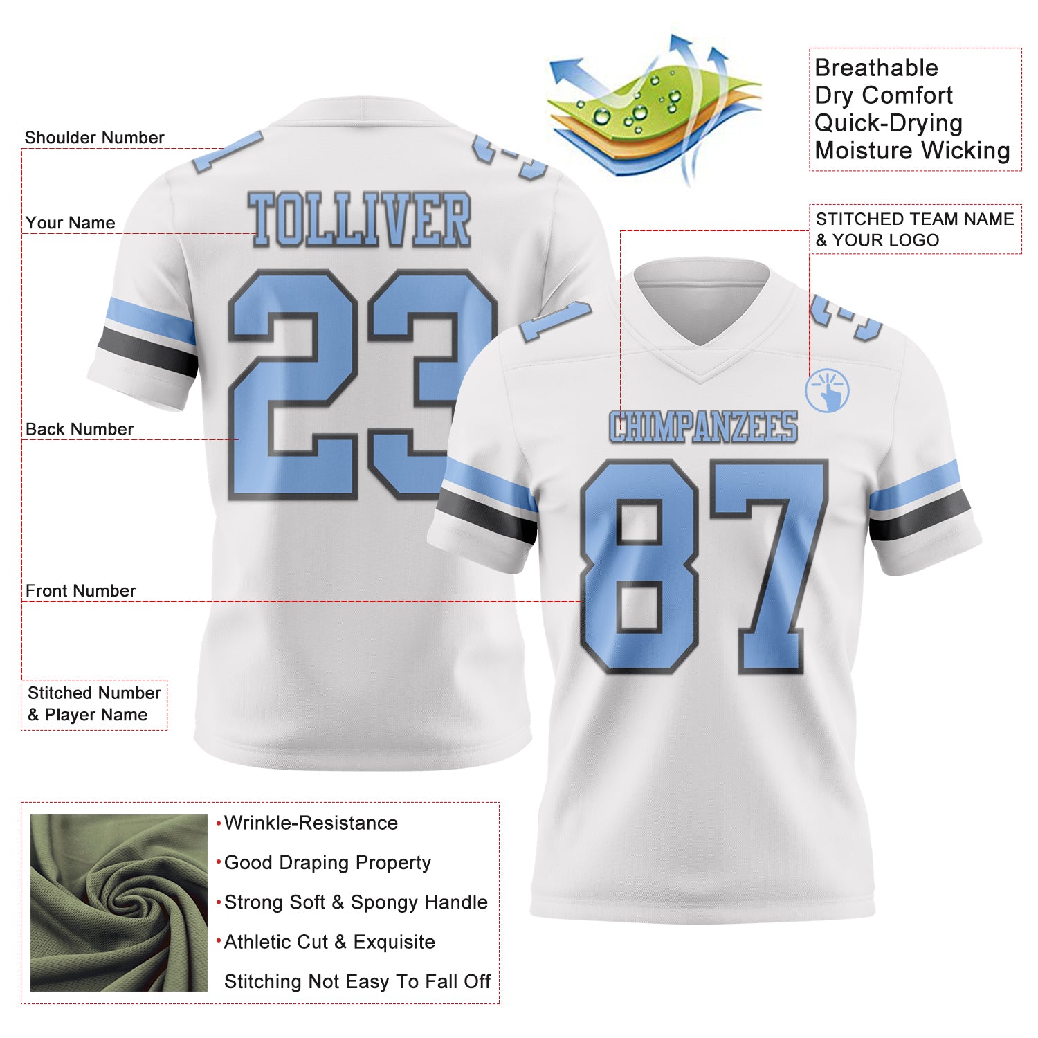 Custom White Light Blue-Steel Gray Authentic Football Jersey
