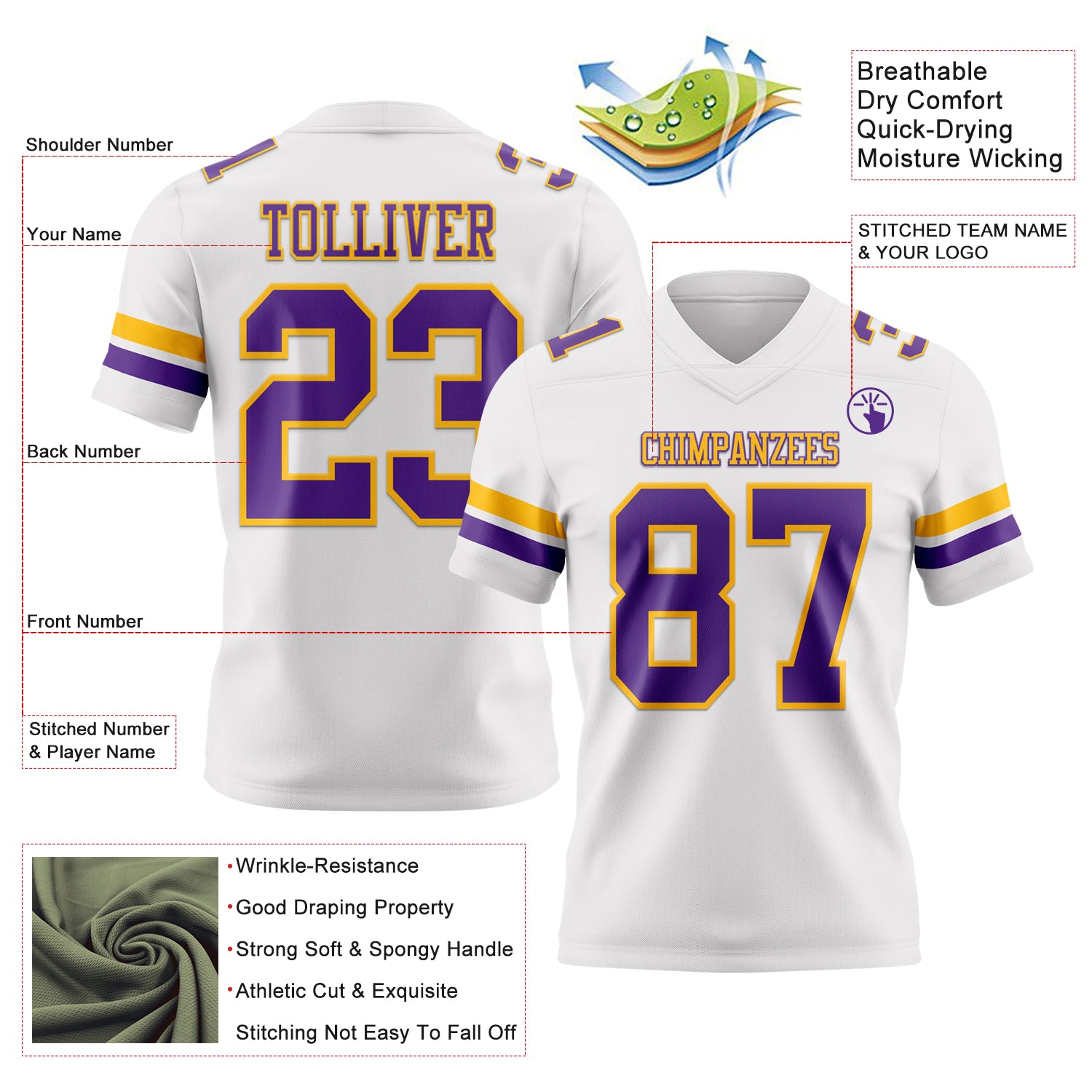 Custom White Purple-Gold Authentic Football Jersey