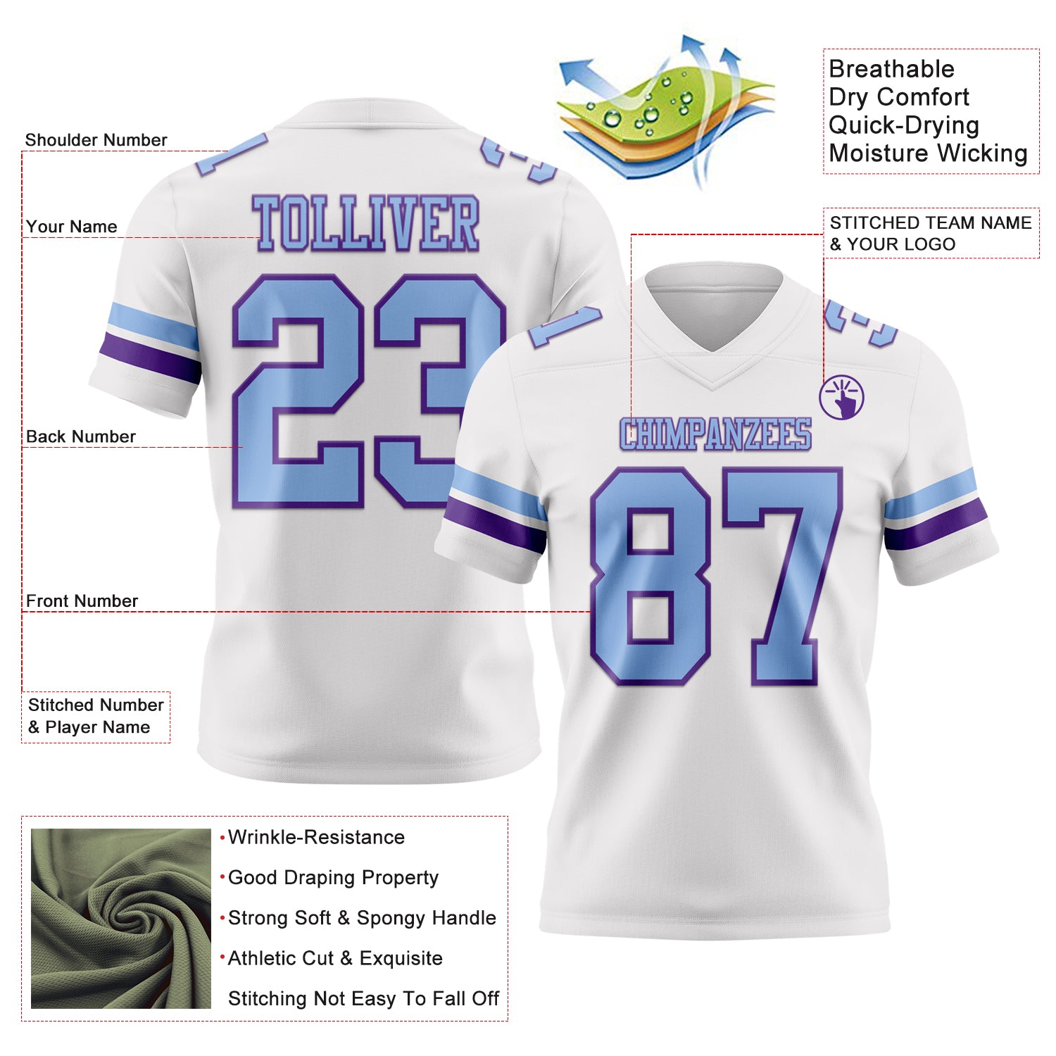 Custom White Light Blue-Purple Authentic Football Jersey