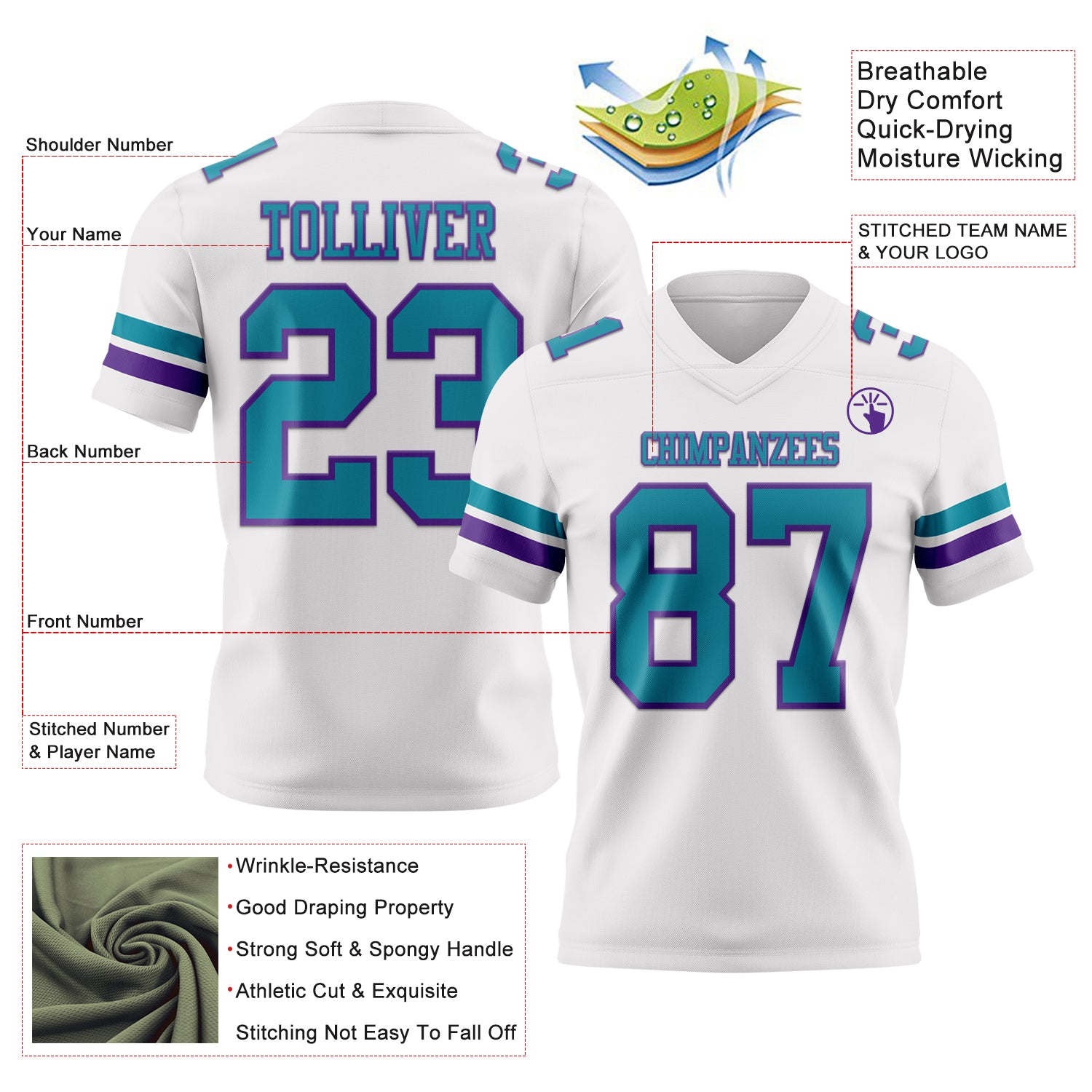 Custom White Teal-Purple Authentic Football Jersey