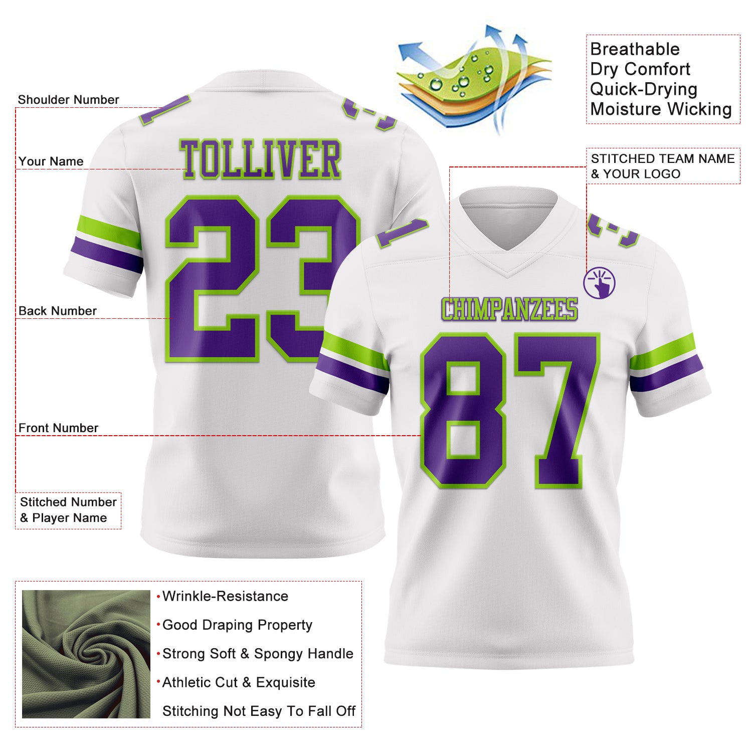Custom White Purple-Neon Green Authentic Football Jersey