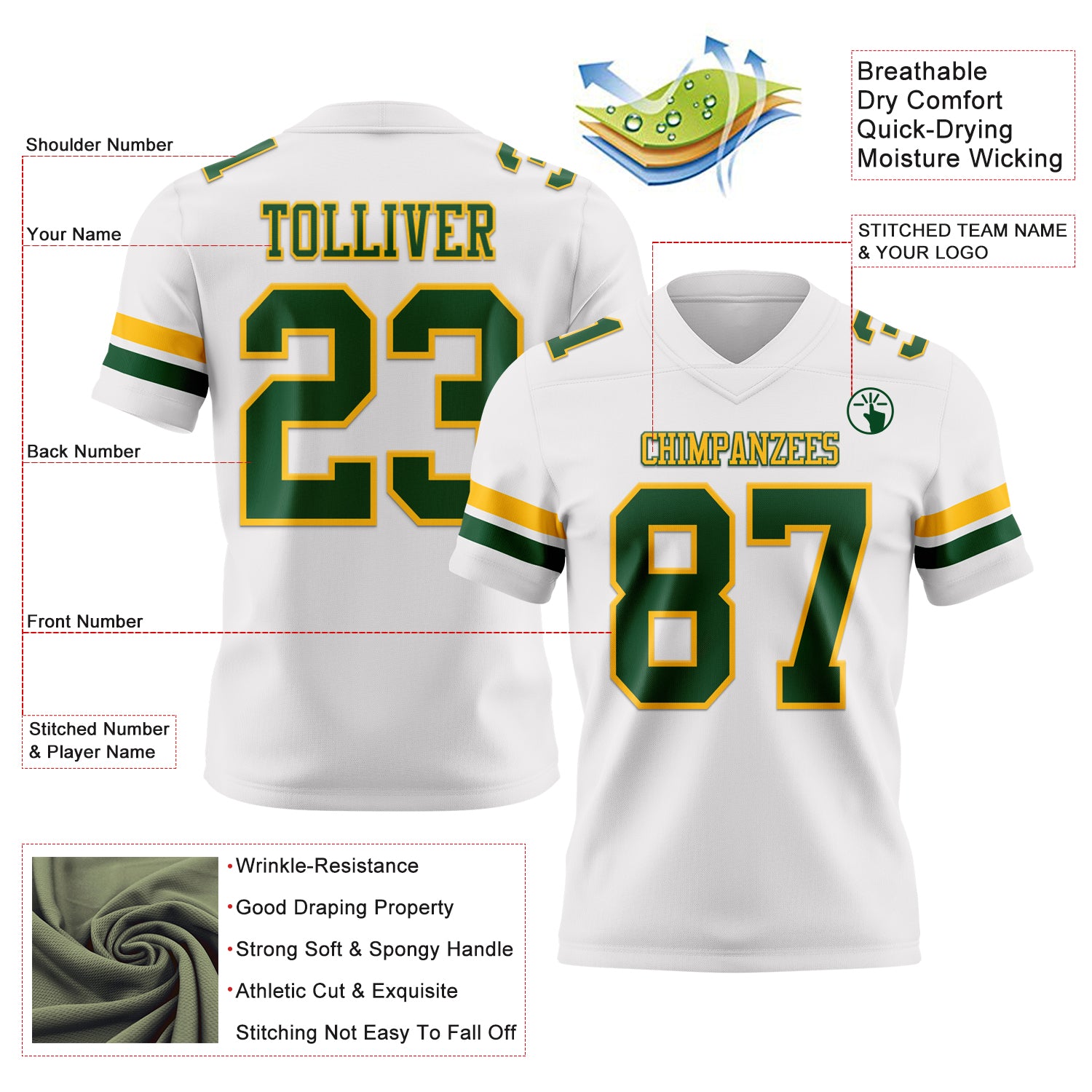 Custom White Green-Gold Authentic Football Jersey