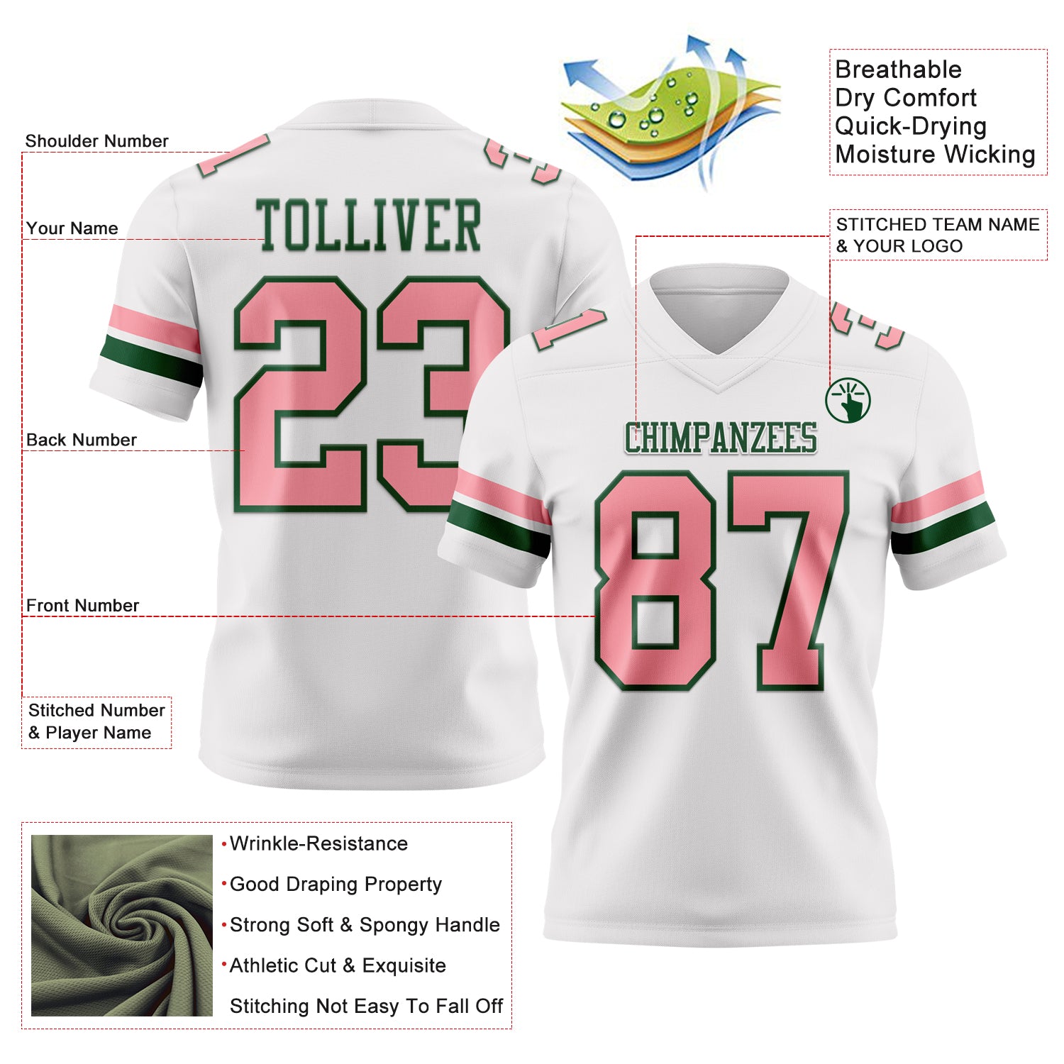 Custom White Medium Pink-Green Authentic Football Jersey