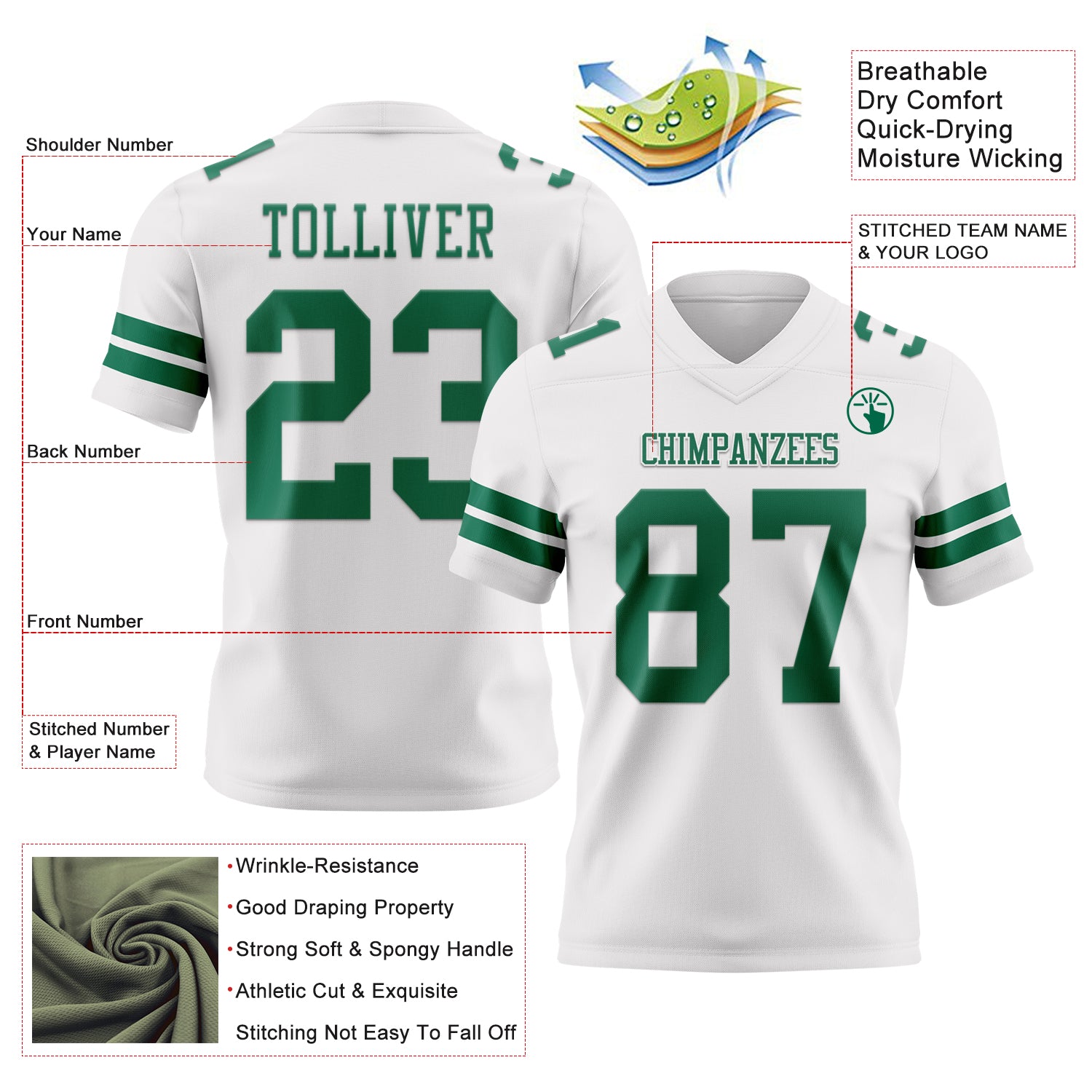 Custom White Kelly Green Authentic Football Jersey