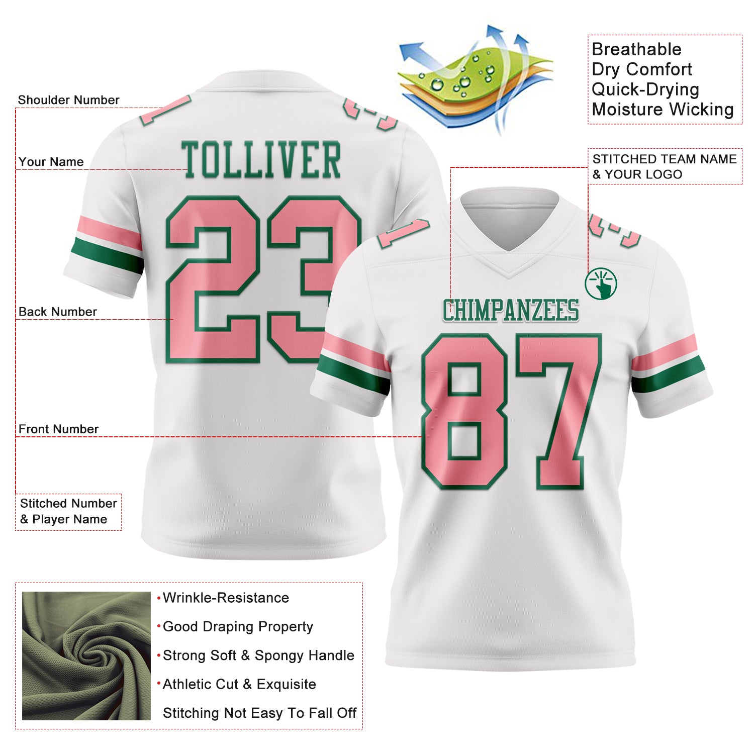 Custom White Medium Pink-Kelly Green Authentic Football Jersey