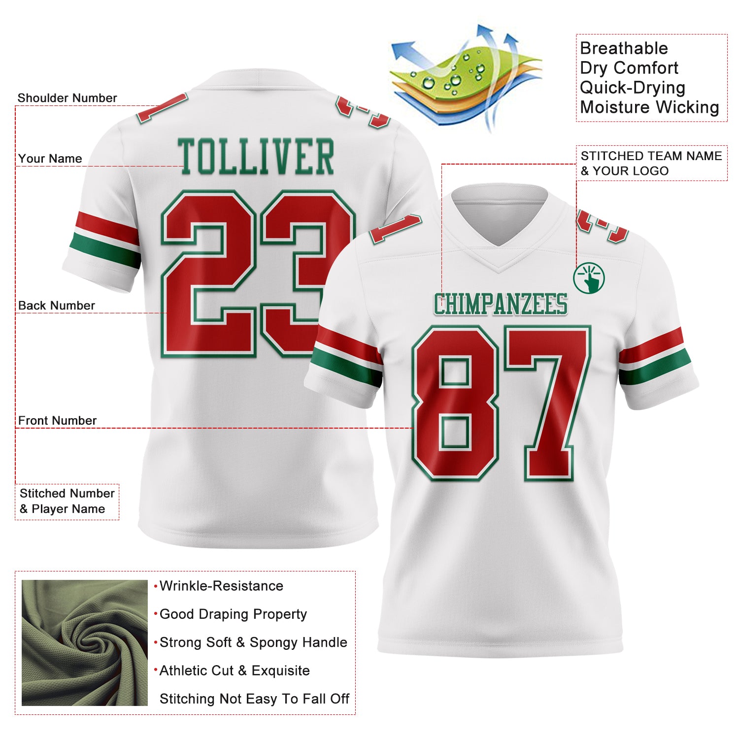 Custom White Red-Kelly Green Authentic Football Jersey