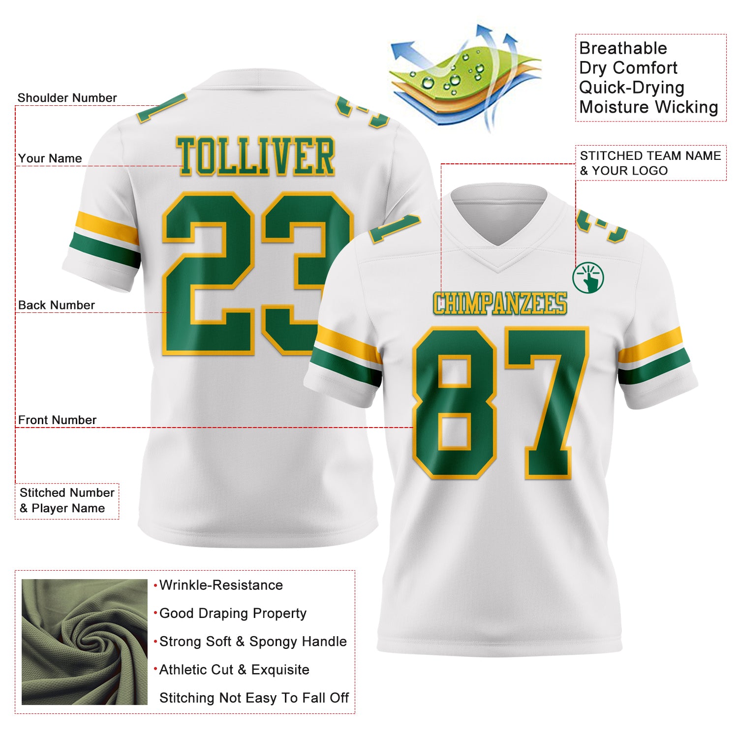 Custom White Kelly Green-Gold Authentic Football Jersey