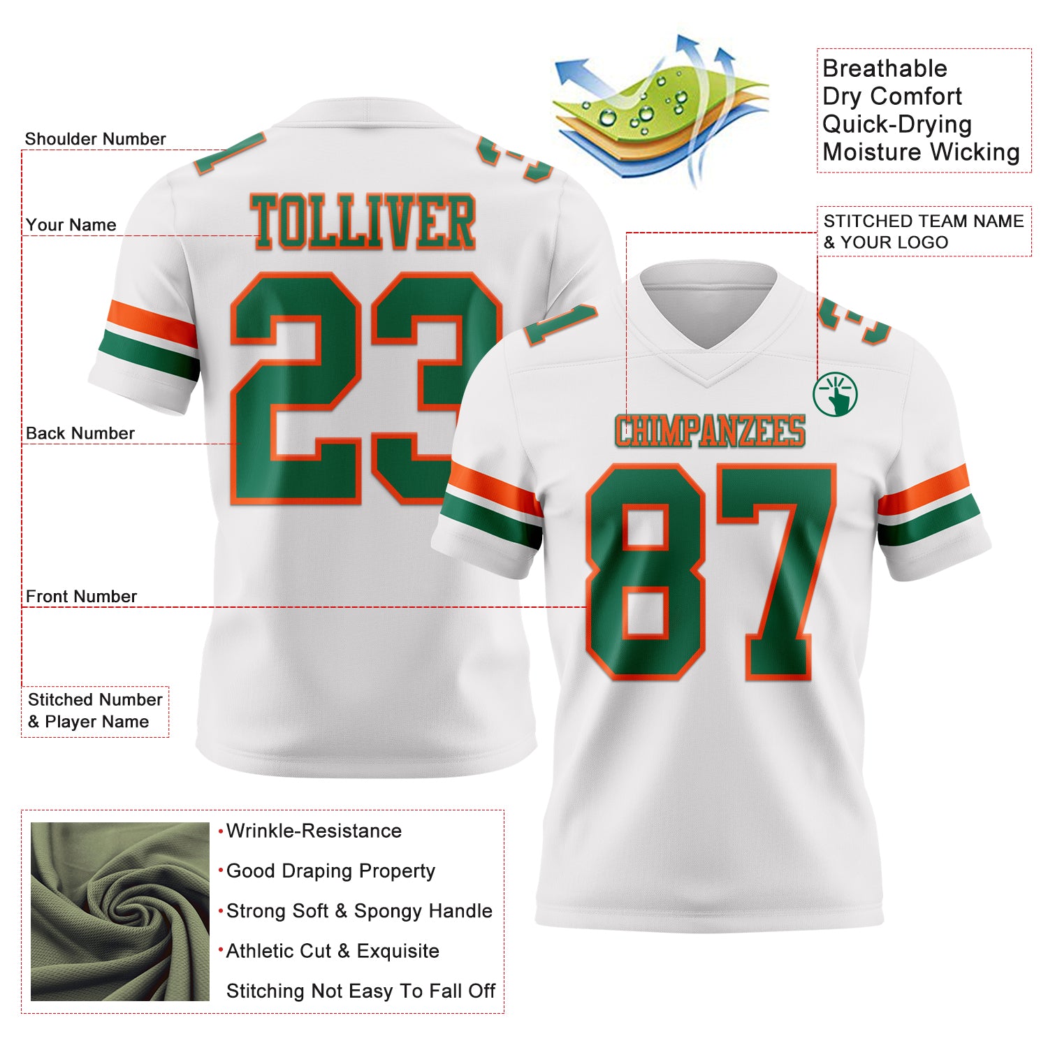 Custom White Kelly Green-Orange Authentic Football Jersey