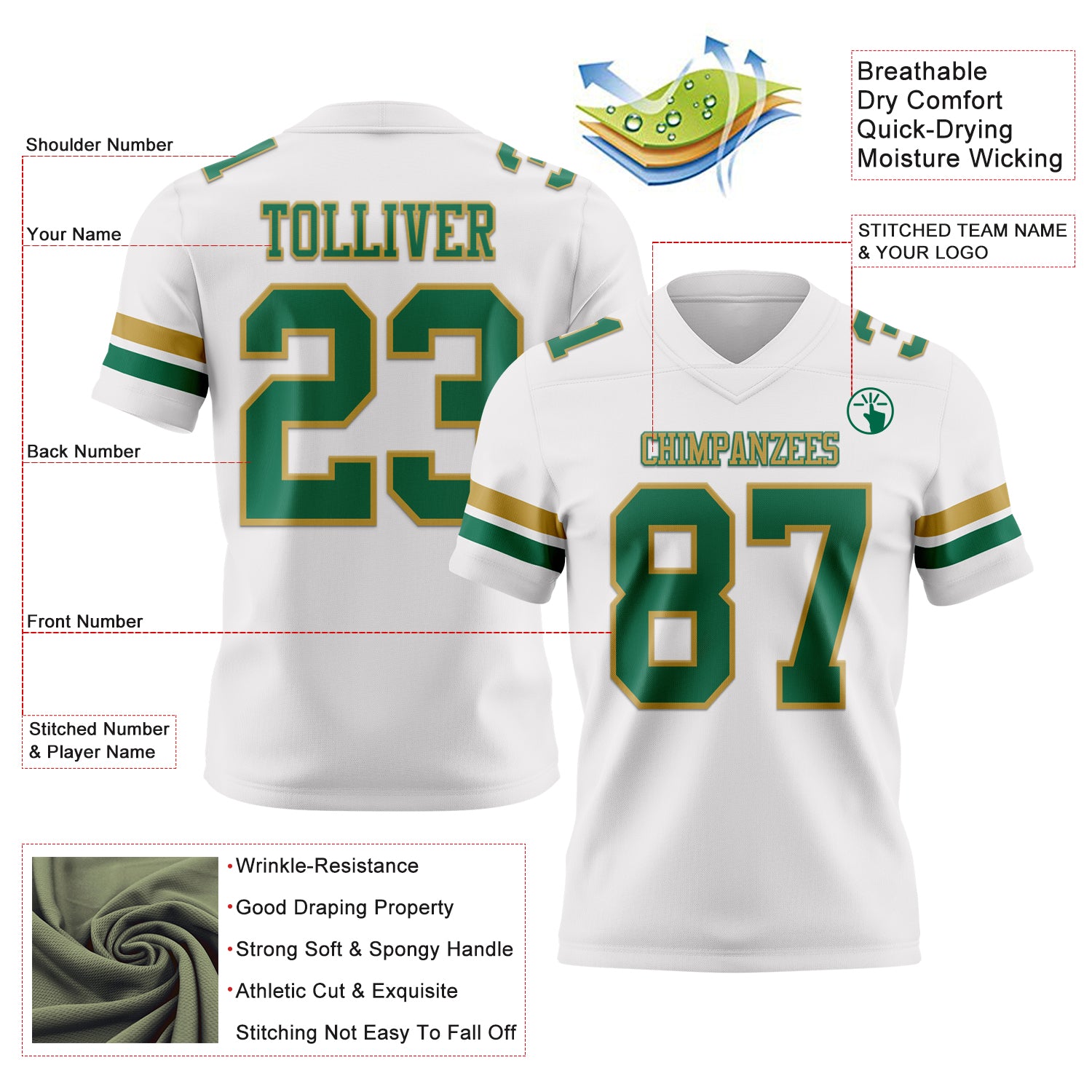 Custom White Kelly Green-Old Gold Authentic Football Jersey