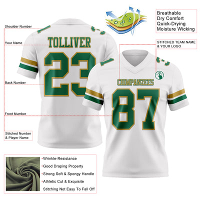 Custom White Kelly Green-Old Gold Authentic Football Jersey