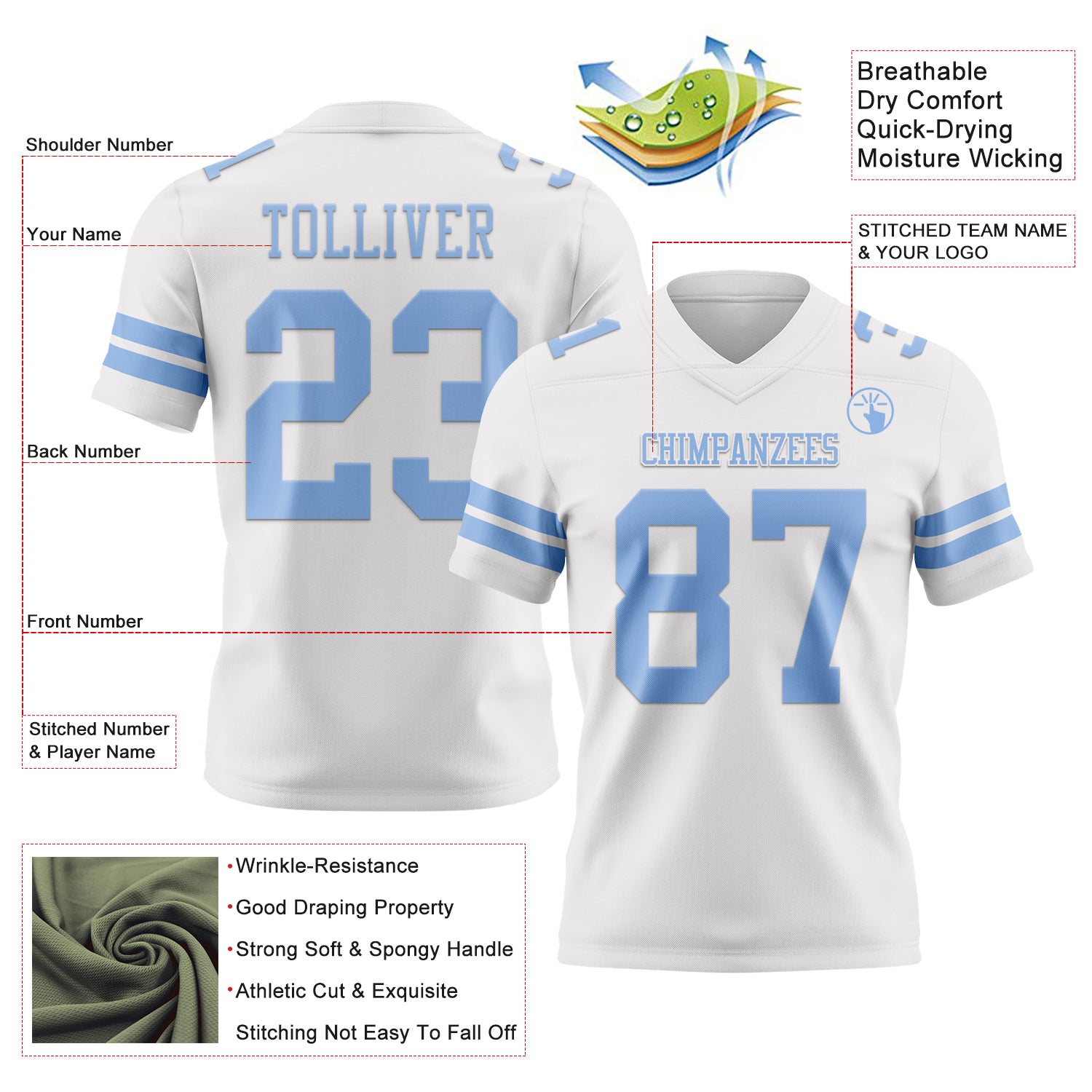 Custom White Light Blue Authentic Football Jersey