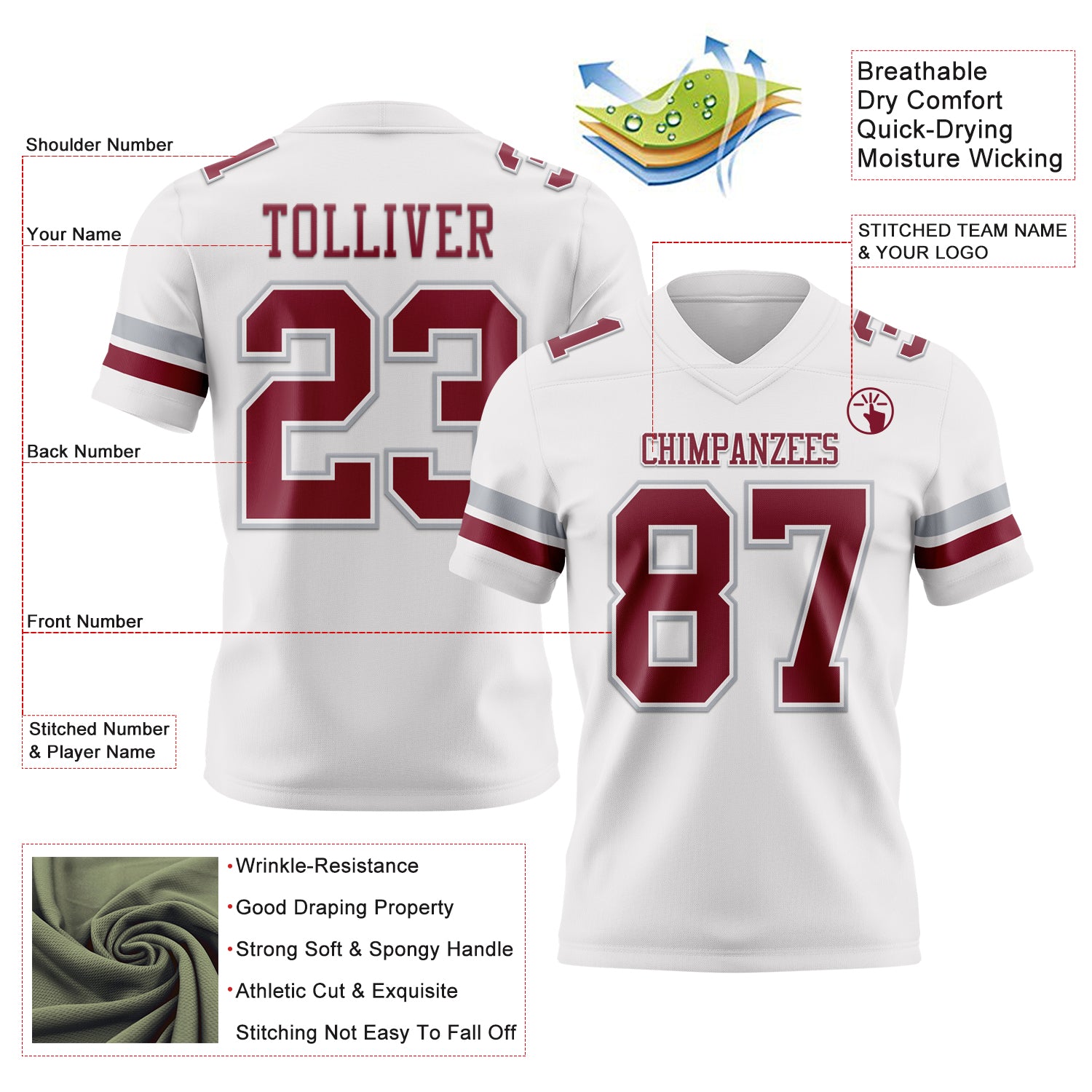 Custom White Crimson-Gray Authentic Football Jersey