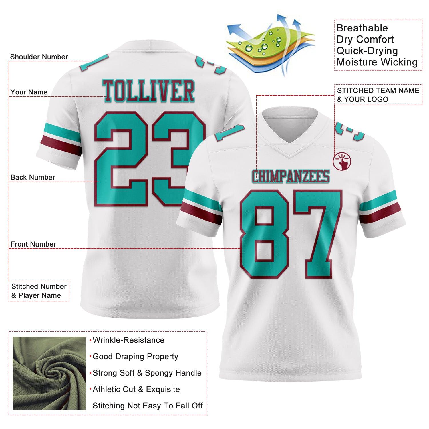 Custom White Aqua-Crimson Authentic Football Jersey