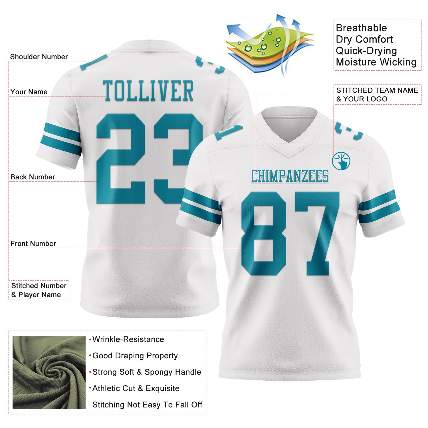 Custom White Teal Authentic Football Jersey