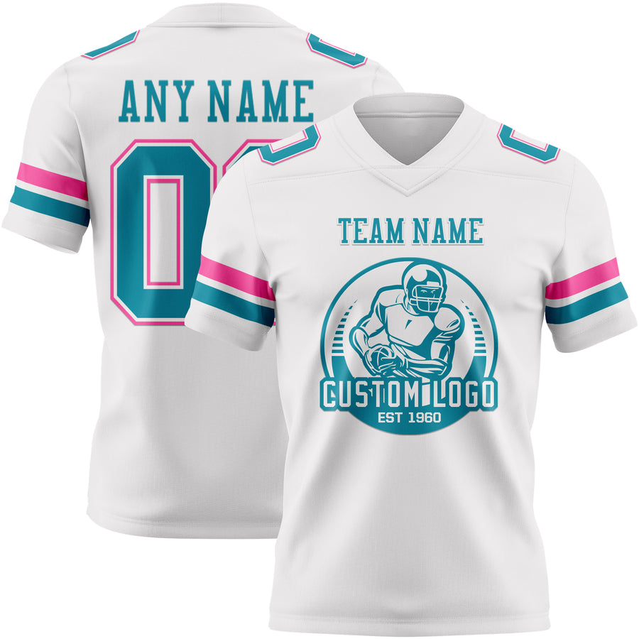 Custom White Teal-Pink Authentic Football Jersey