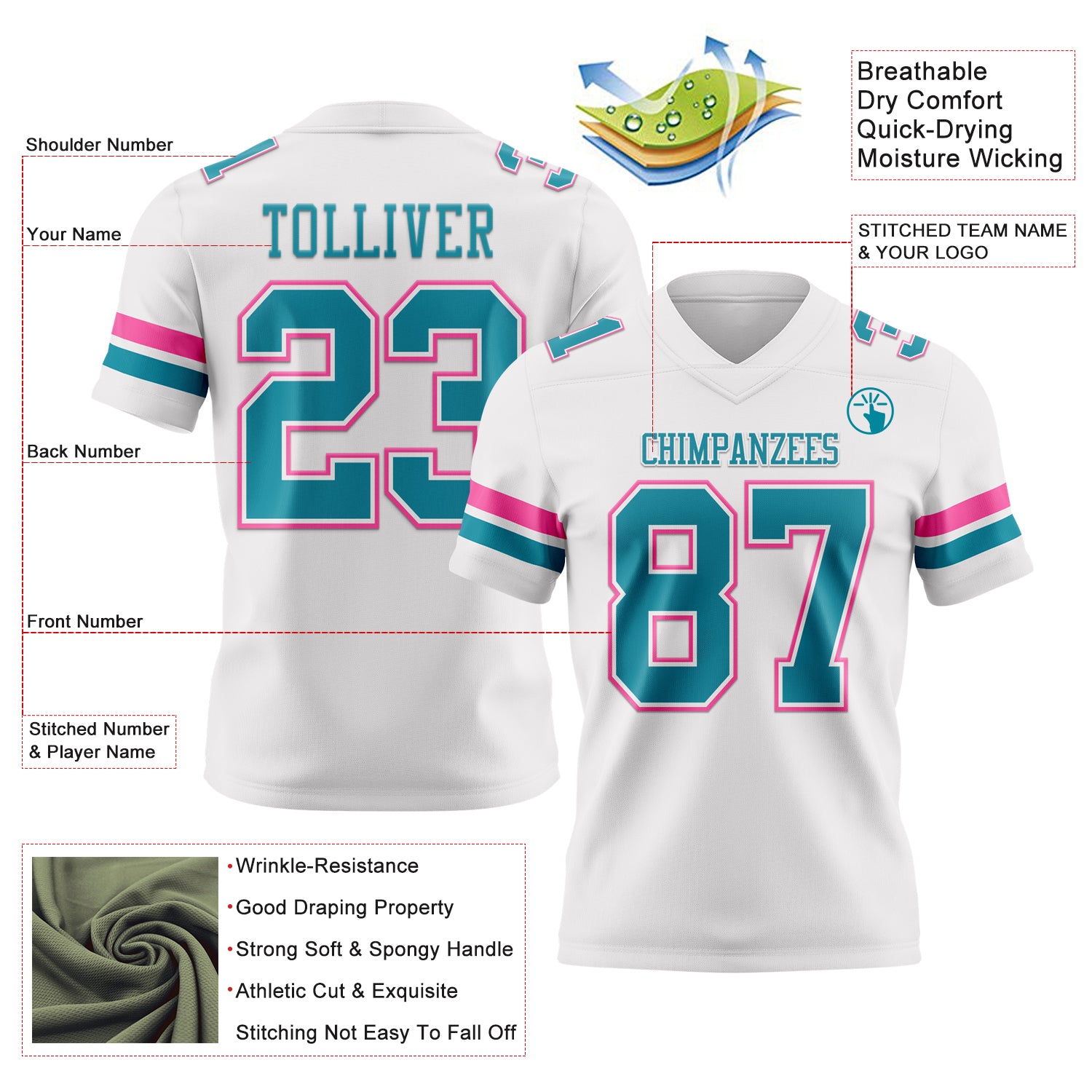 Custom White Teal-Pink Authentic Football Jersey
