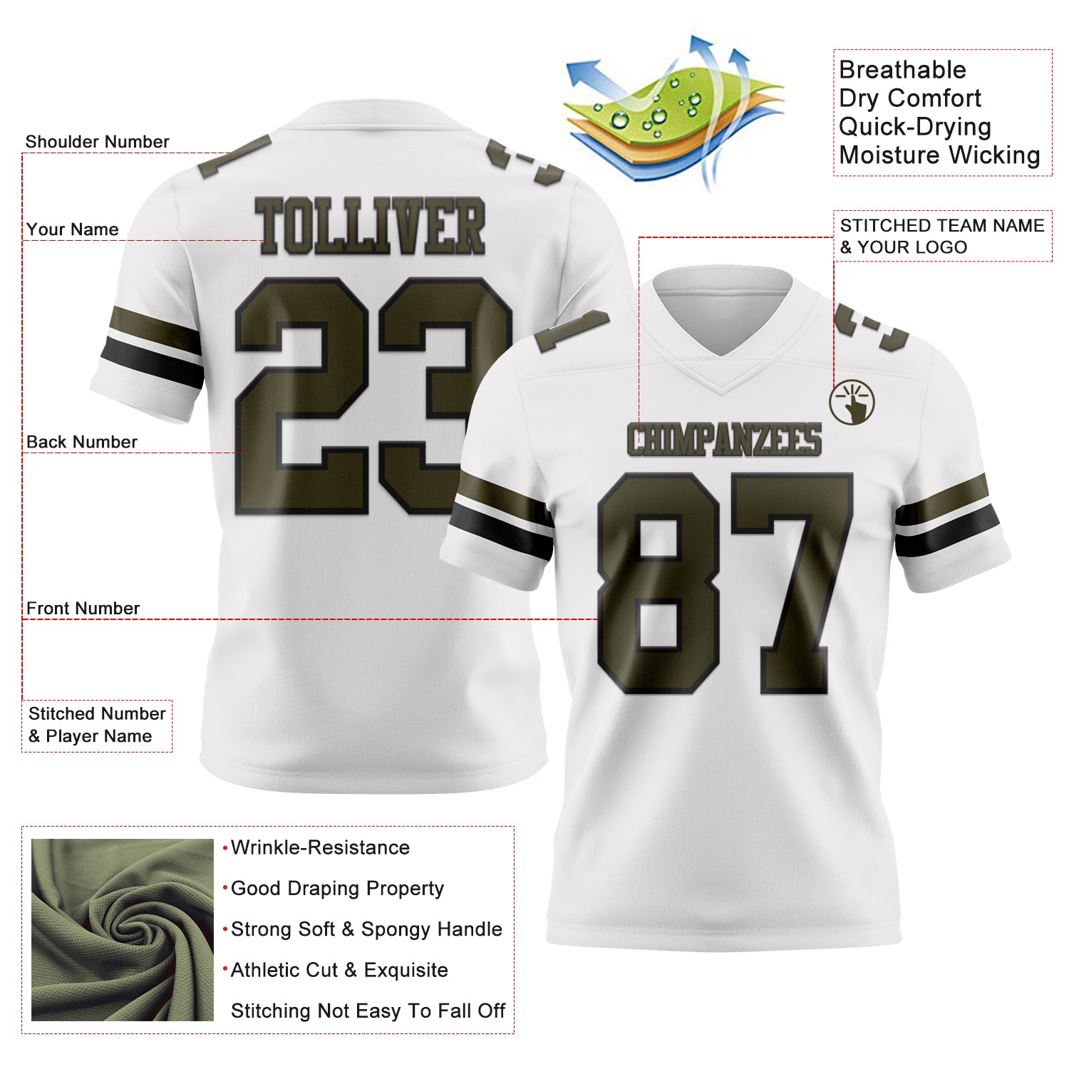 Custom White Olive-Black Authentic Football Jersey