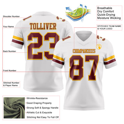 Custom White Burgundy-Gold Authentic Football Jersey