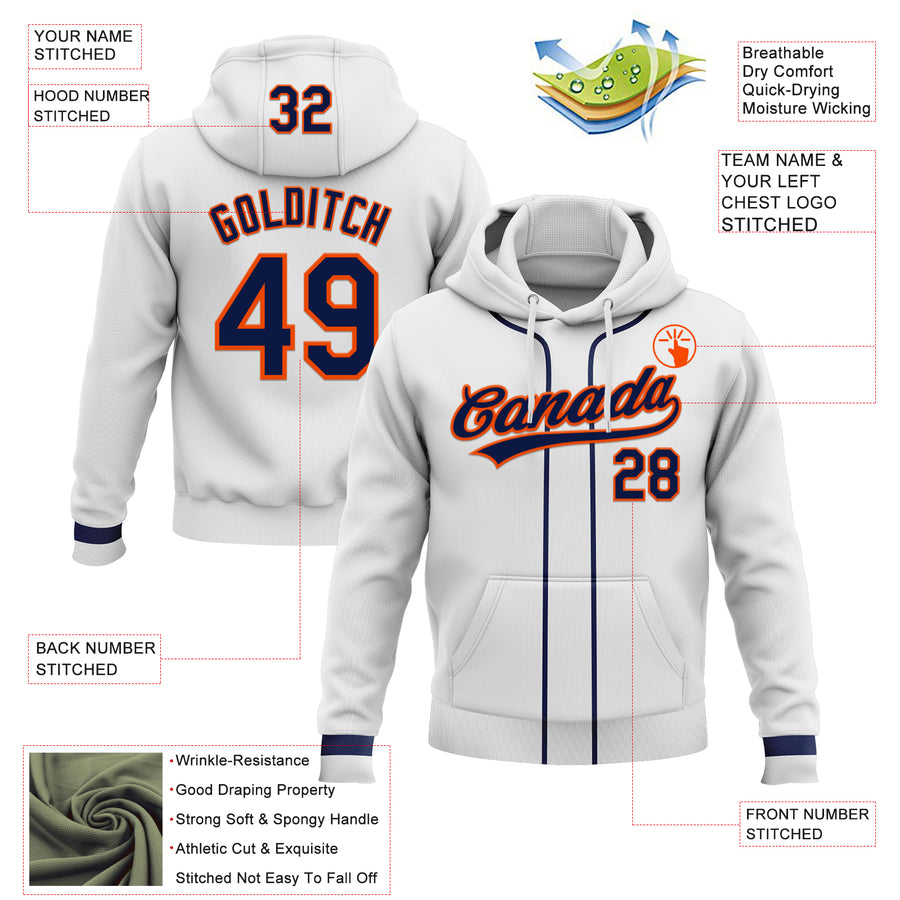 Custom Stitched White Navy-Orange Baseball Pullover Sweatshirt Hoodie