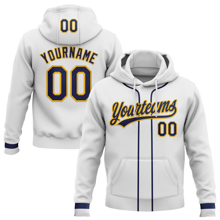 Custom Stitched White Navy-Gold Baseball Pullover Sweatshirt Hoodie