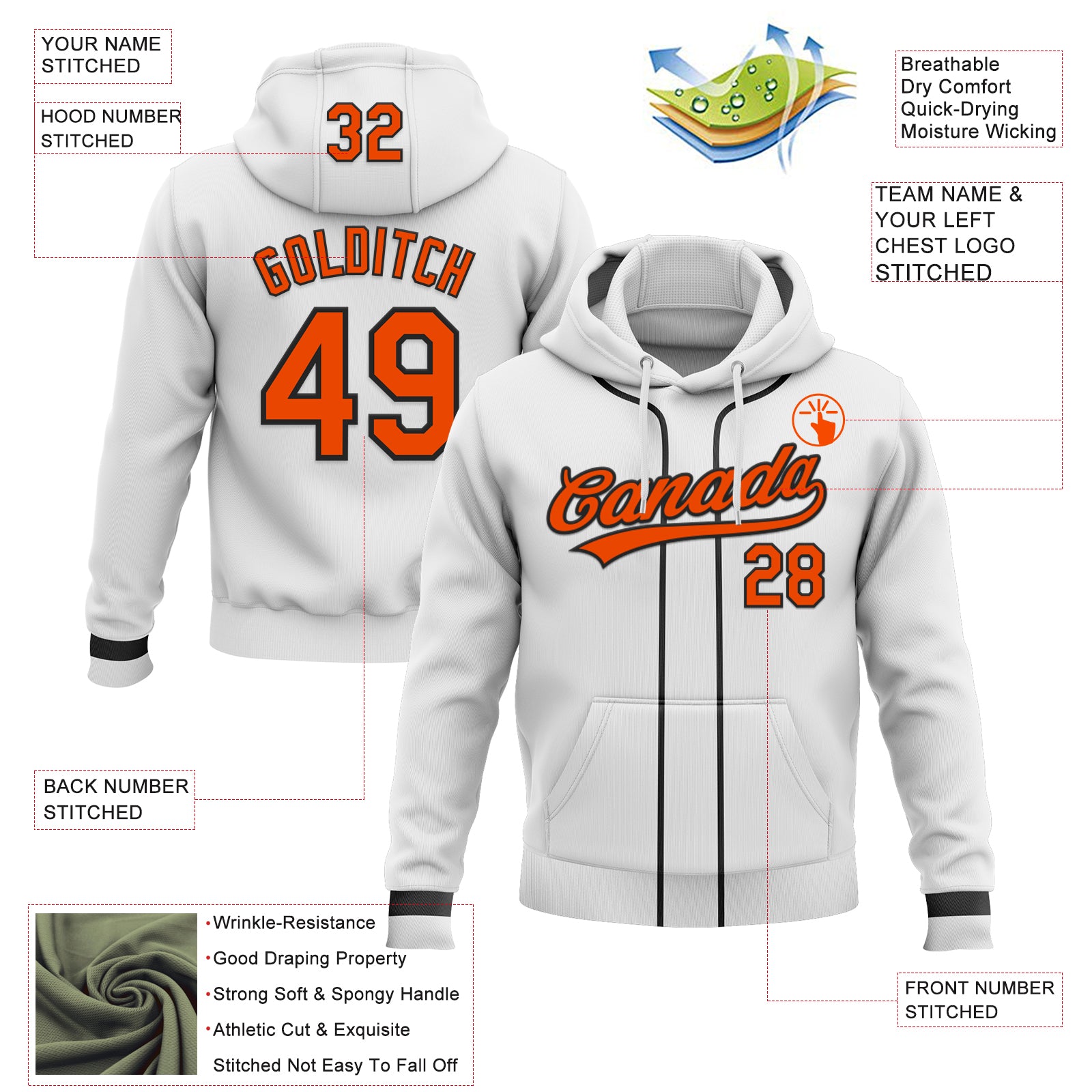 Custom Stitched White Orange-Black Baseball Pullover Sweatshirt Hoodie