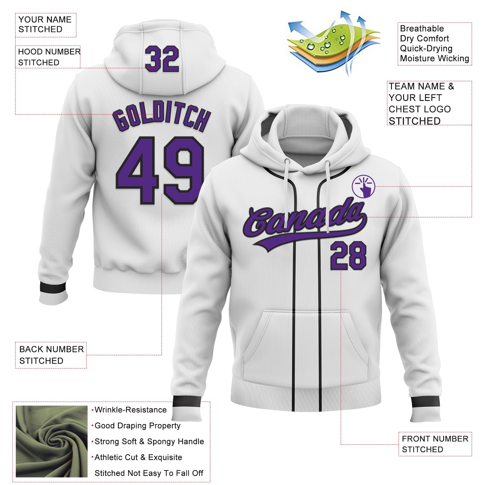 Custom Stitched White Purple-Black Baseball Pullover Sweatshirt Hoodie