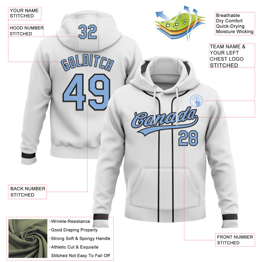 Custom Stitched White Light Blue-Black Baseball Pullover Sweatshirt Hoodie