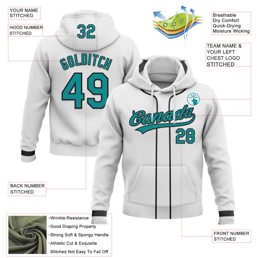 Custom Stitched White Teal-Black Baseball Pullover Sweatshirt Hoodie