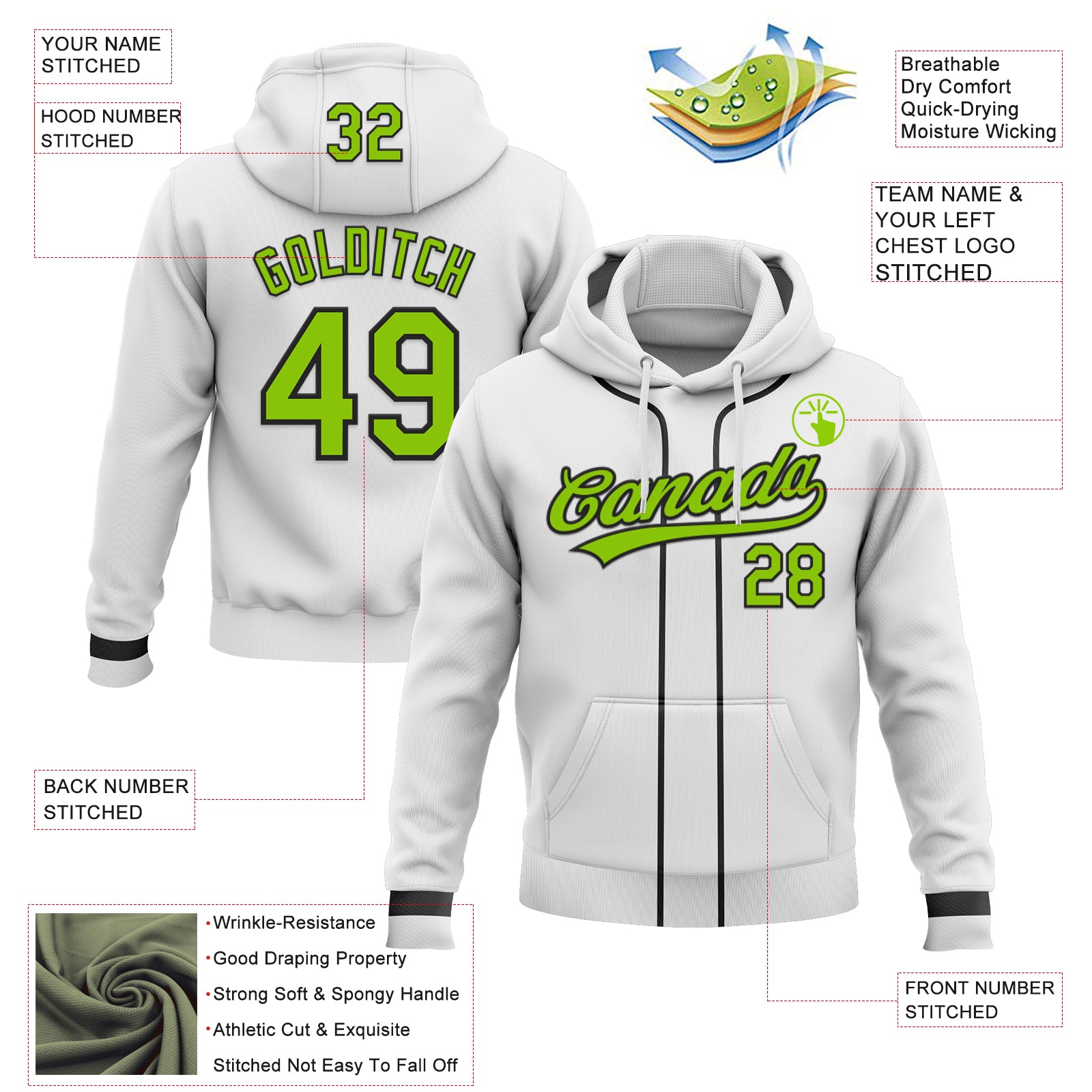 Custom Stitched White Neon Green-Black Baseball Pullover Sweatshirt Hoodie